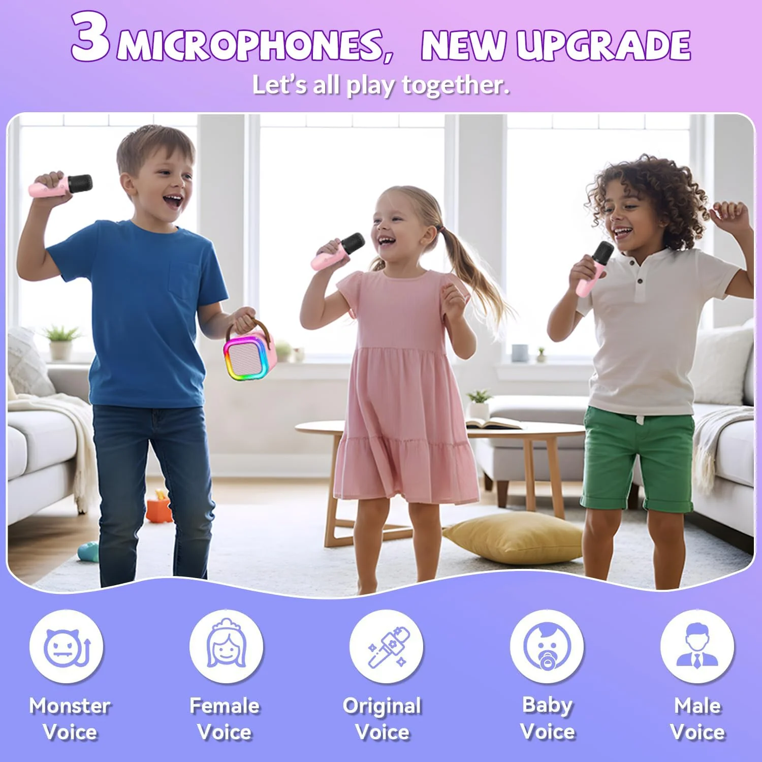 Upgraded Mini Karaoke Machine with 3 Wireless Microphones for Kids Girls Boys - Karaoke Party Speaker Christmas Birthday Gifts for 4 5 6 7 8 9 10 11+ Year Old - Kids' Instrument Accessories - Pink 3MIC-PINK - Image 3