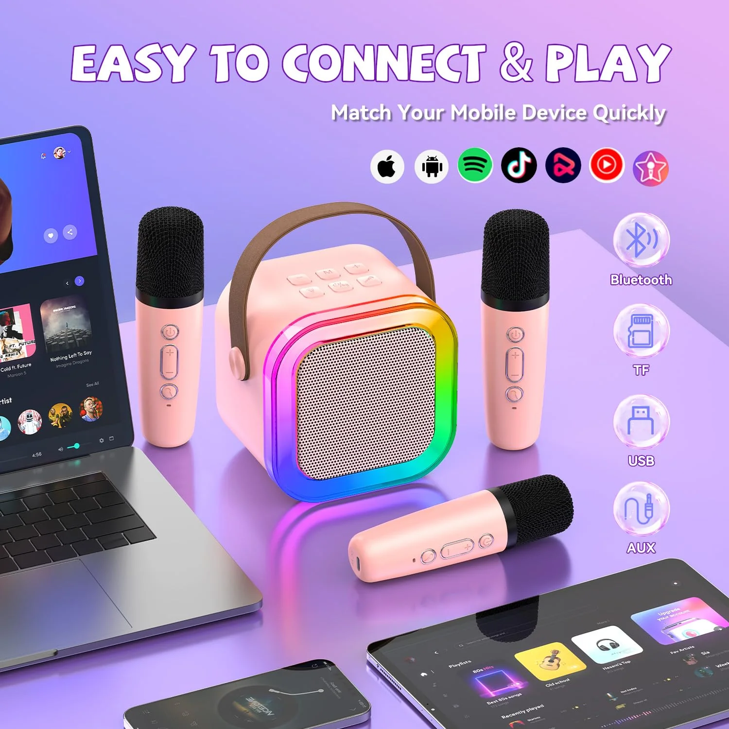 Upgraded Mini Karaoke Machine with 3 Wireless Microphones for Kids Girls Boys - Karaoke Party Speaker Christmas Birthday Gifts for 4 5 6 7 8 9 10 11+ Year Old - Kids' Instrument Accessories - Pink 3MIC-PINK - Image 4