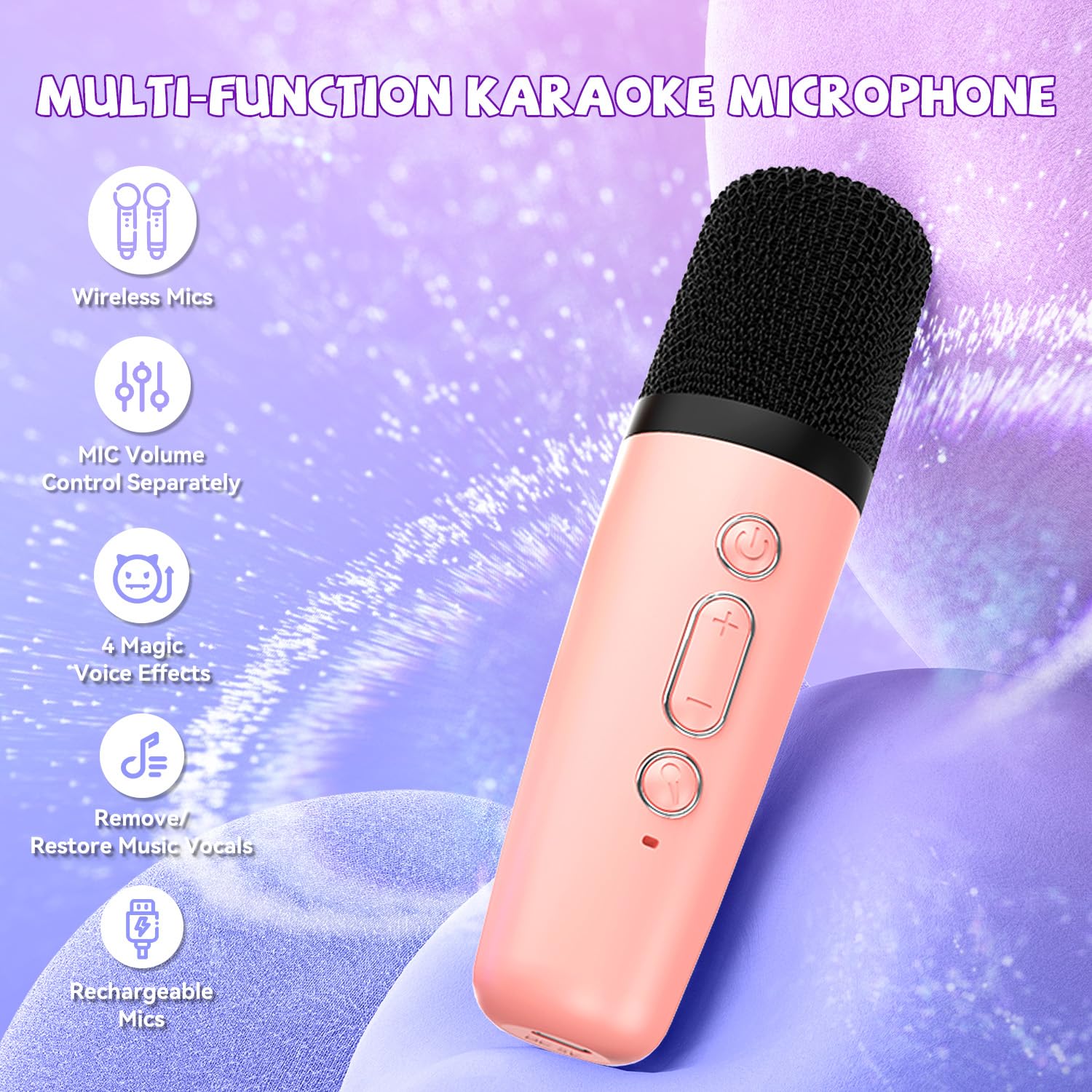 Upgraded Mini Karaoke Machine with 3 Wireless Microphones for Kids Girls Boys - Karaoke Party Speaker Christmas Birthday Gifts for 4 5 6 7 8 9 10 11+ Year Old - Kids' Instrument Accessories - Pink 3MIC-PINK - Image 7