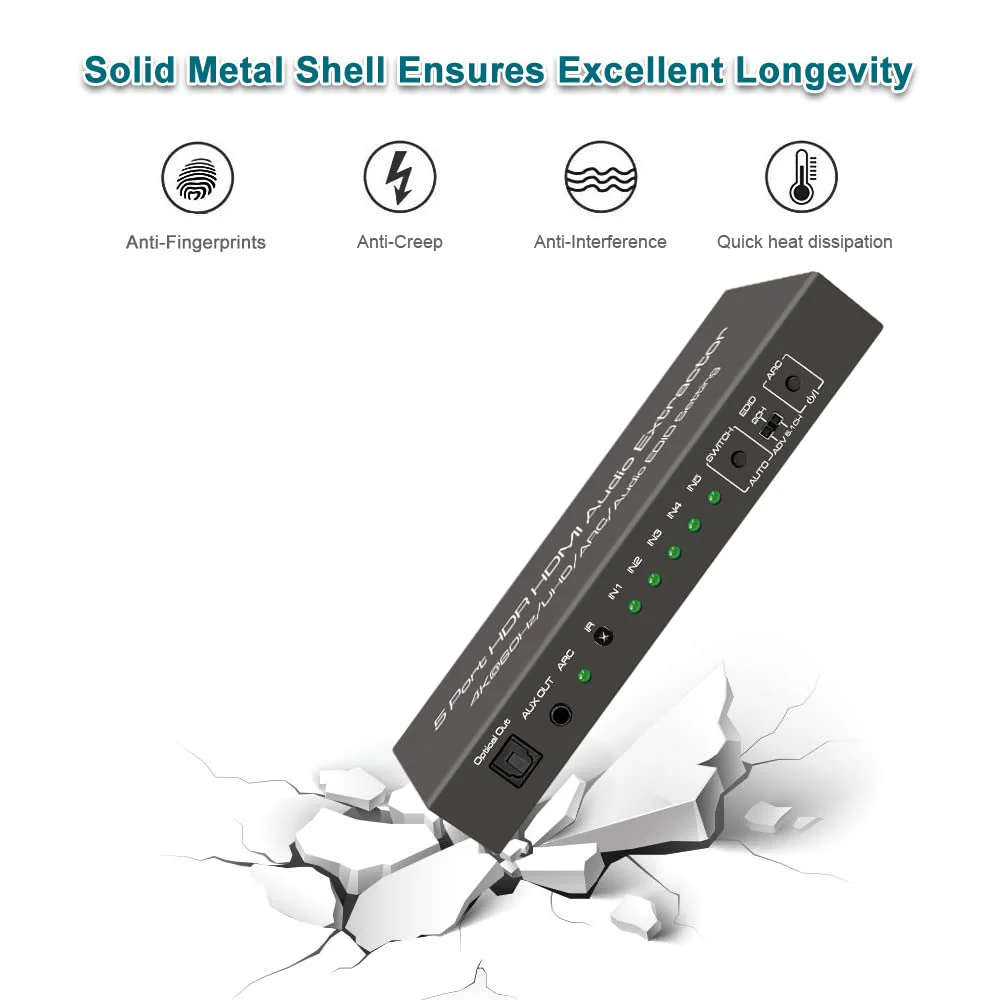 (Upgraded) SkycropHD 5 Port 4K@60Hz HDMI Switch with Optical & 3.5mm AUX Audio Out, 5 in 1 Out HDMI 2.0 Switch Audio Extractor with Remote,Support ARC, HDCP 2.2, HDR10, 18Gbps - Image 6