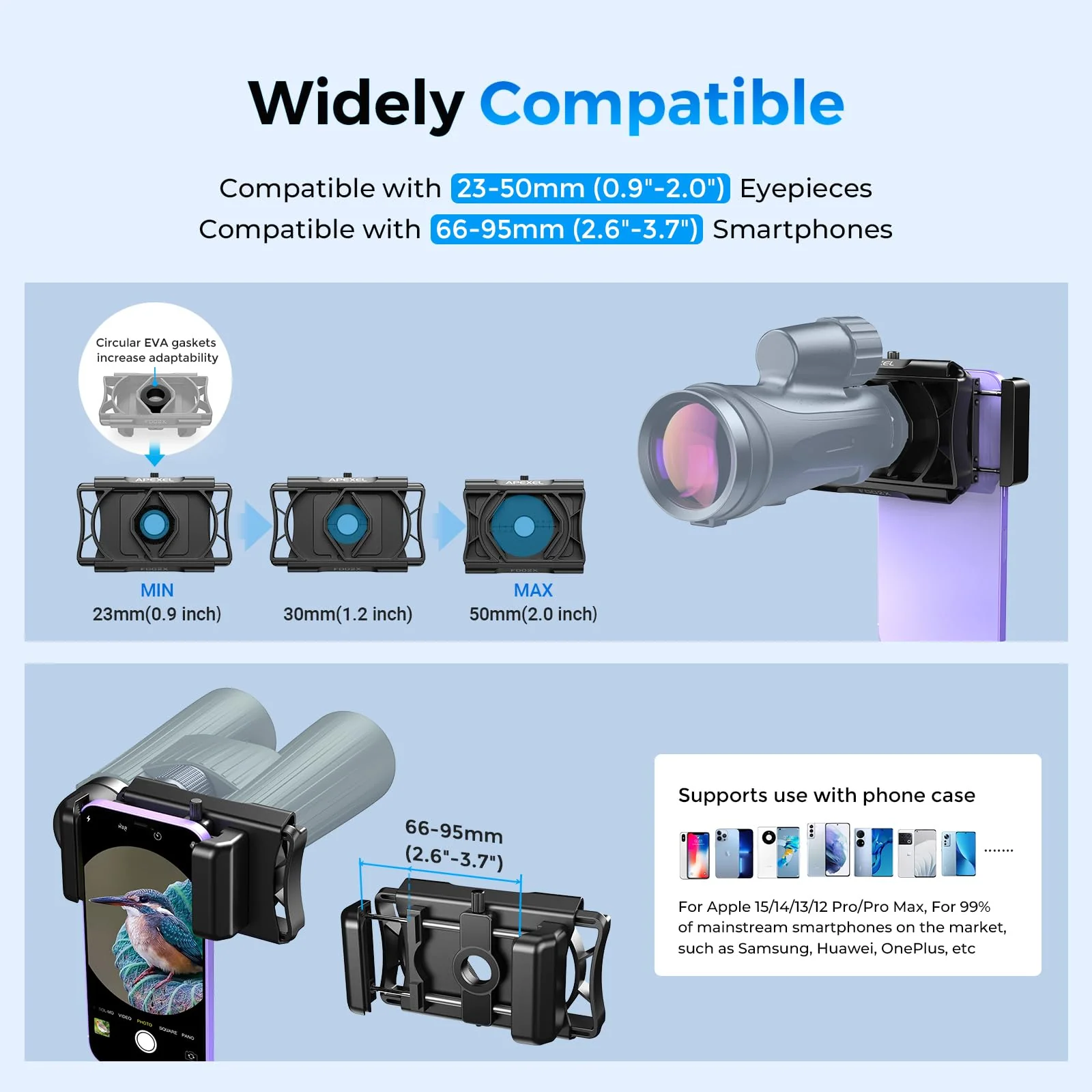 Upgraded Telescope Phone Adapter, Rotatable 360° Binocular Photo Adapter for Android & iPhone,Smartphone Holder Mount for Telescope,Monocular,Binocular,Spotting Scope,Microscope with Bluetooth Shutter Black - Image 5