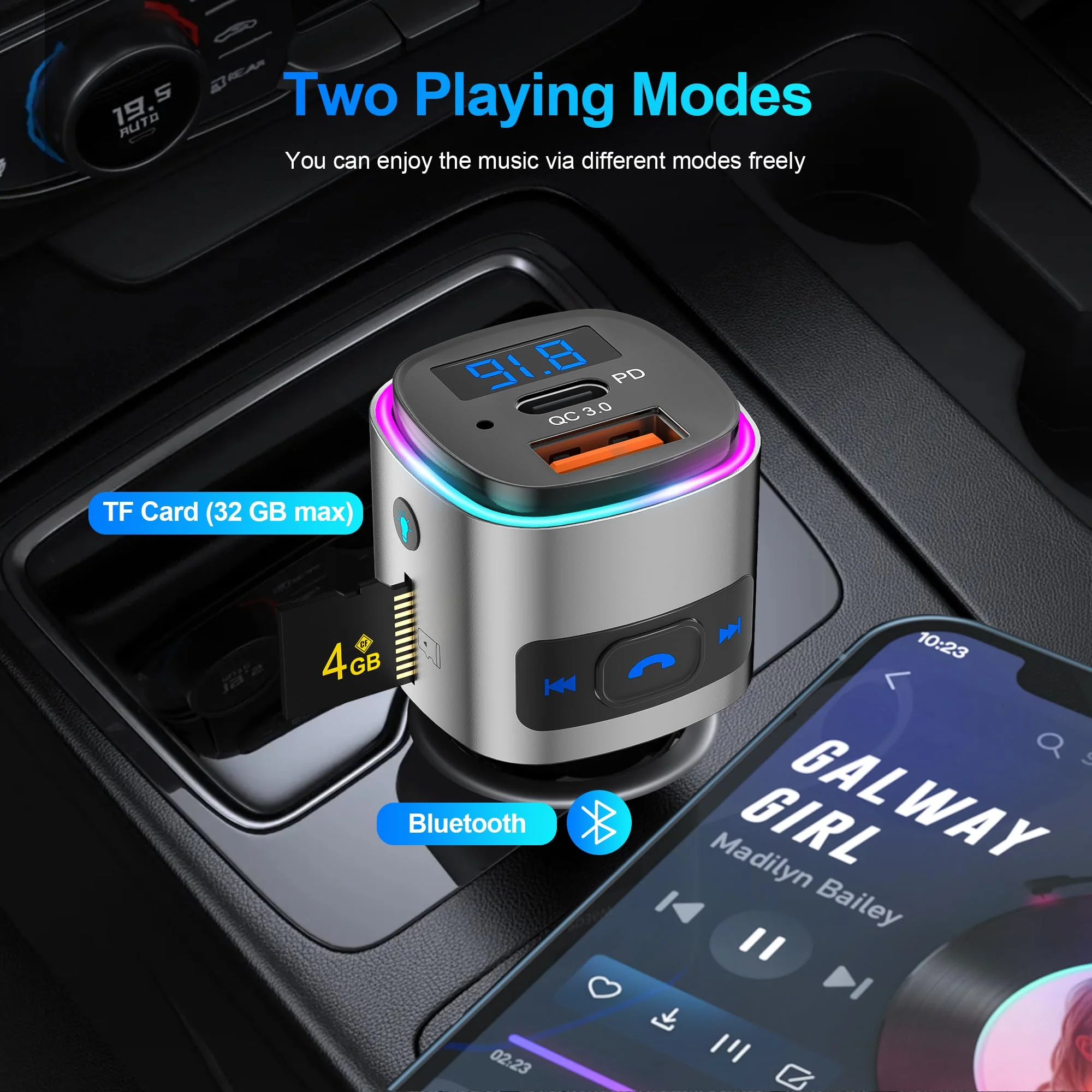 (Upgraded Version) FM Transmitter Bluetooth, SONRU Bluetooth Car Adapter [PD 30W & QC3.0 18W], Wireless FM Radio Transmitter, Hands-Free Calling, Siri Google Assistant, TF Card - Image 2