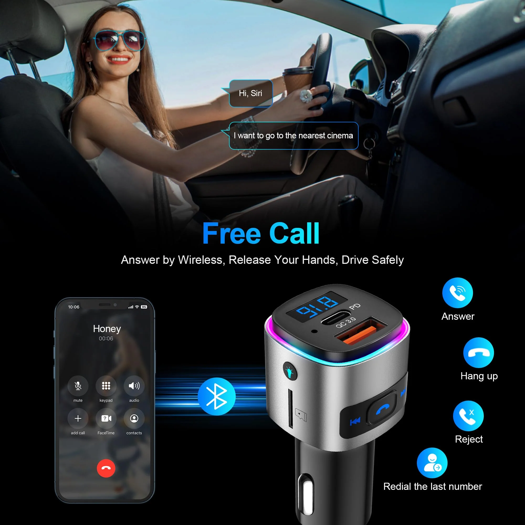 (Upgraded Version) FM Transmitter Bluetooth, SONRU Bluetooth Car Adapter [PD 30W & QC3.0 18W], Wireless FM Radio Transmitter, Hands-Free Calling, Siri Google Assistant, TF Card - Image 4