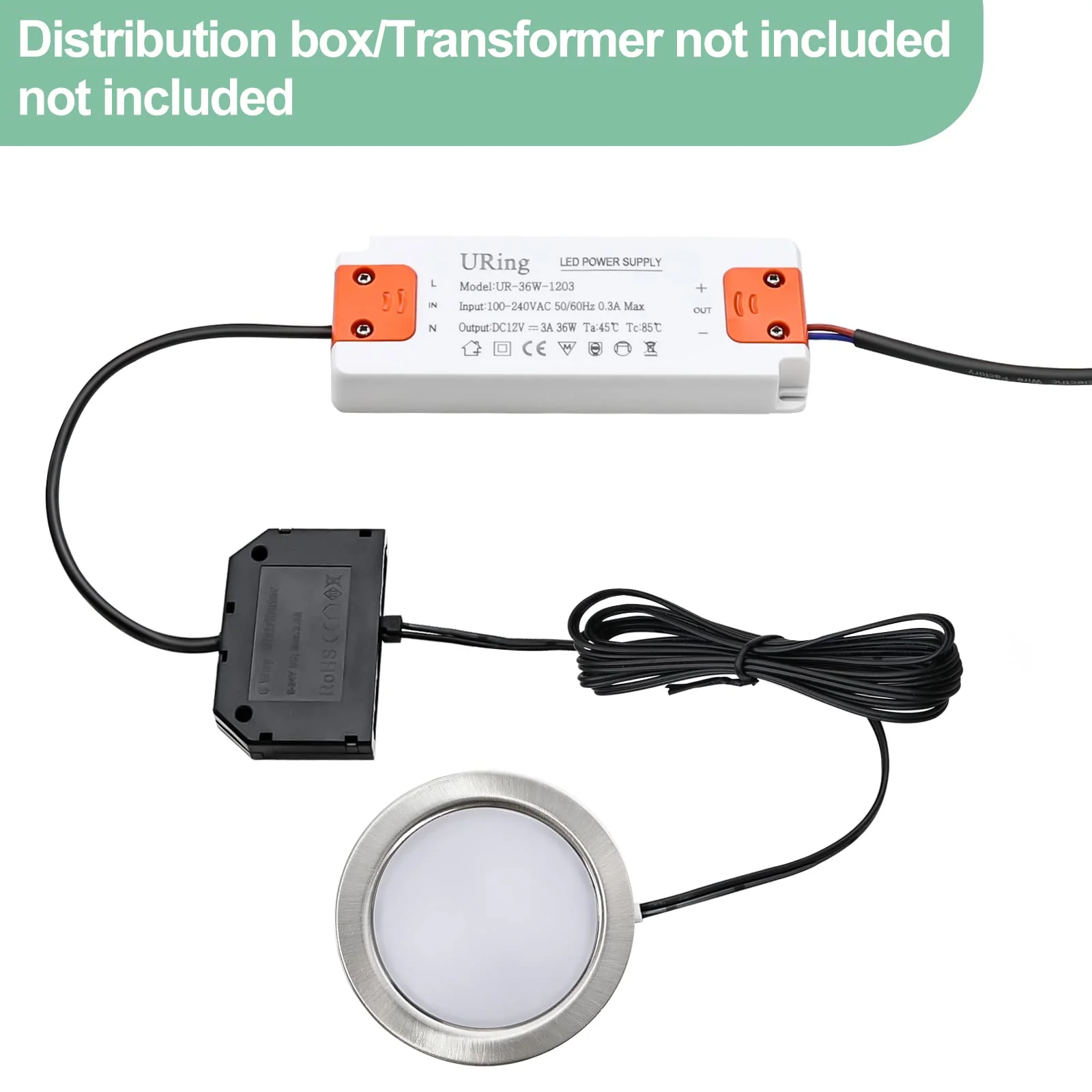 URing Set of 3 LED Recessed Spotlights 12 V 3000 K Warm White 3.5 W, Flat 12 V 300 LM Bore Hole 55-58 mm and 15 mm, Dimmable Furniture Recessed Spotlights, LED Spot 12 V with 2 m Cable, Nickel 3000K Warmweiß - Image 3