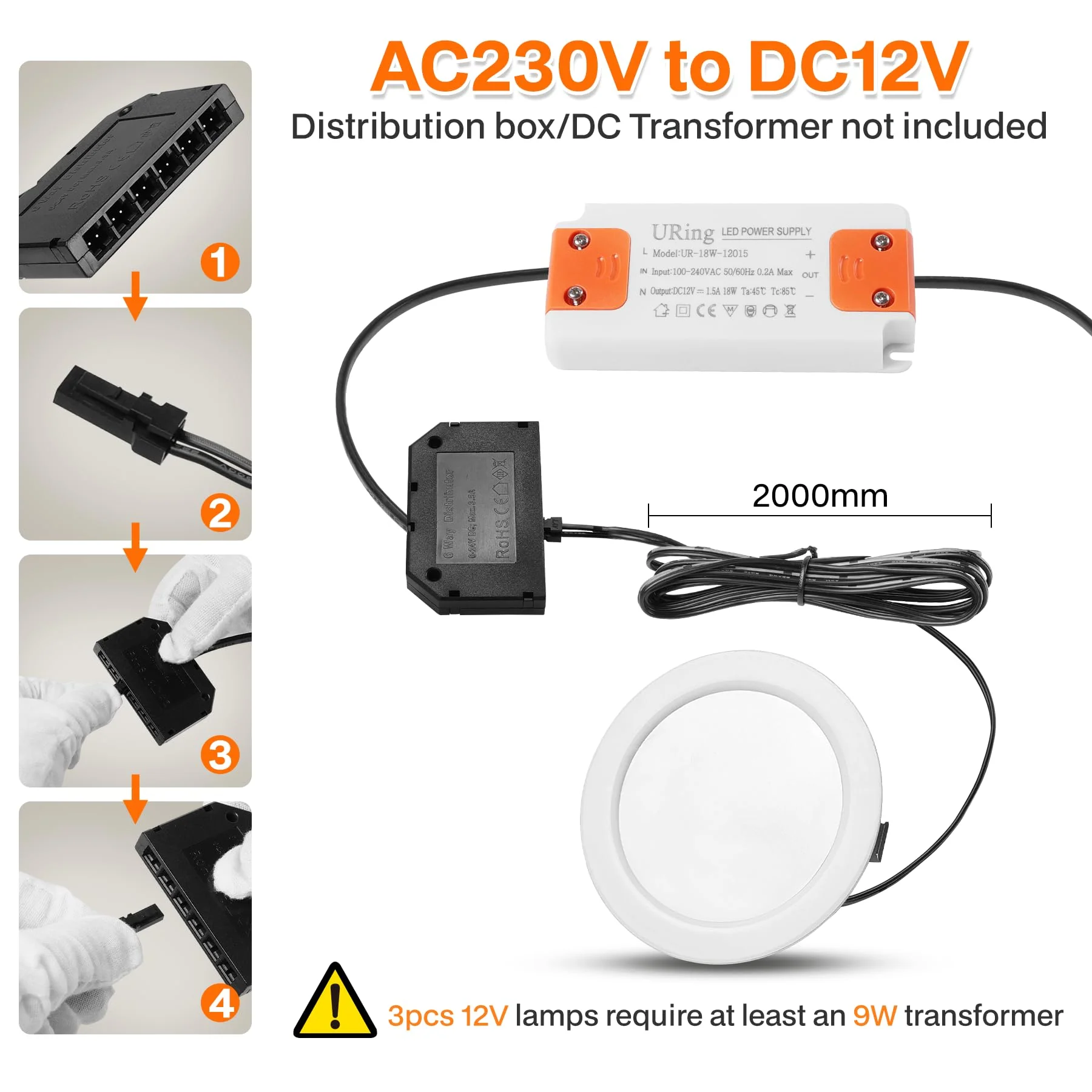 URing Set of 3 LED Recessed Spotlights, 12 V, Dimmable, 3 W Ceiling Spotlights, 55-58 mm Spotlights, 12 V, 3000 K, Warm White, 4000 K, Neutral White, 6000 K, Cool White, Recessed Spotlights, LED 15 mm - Image 6