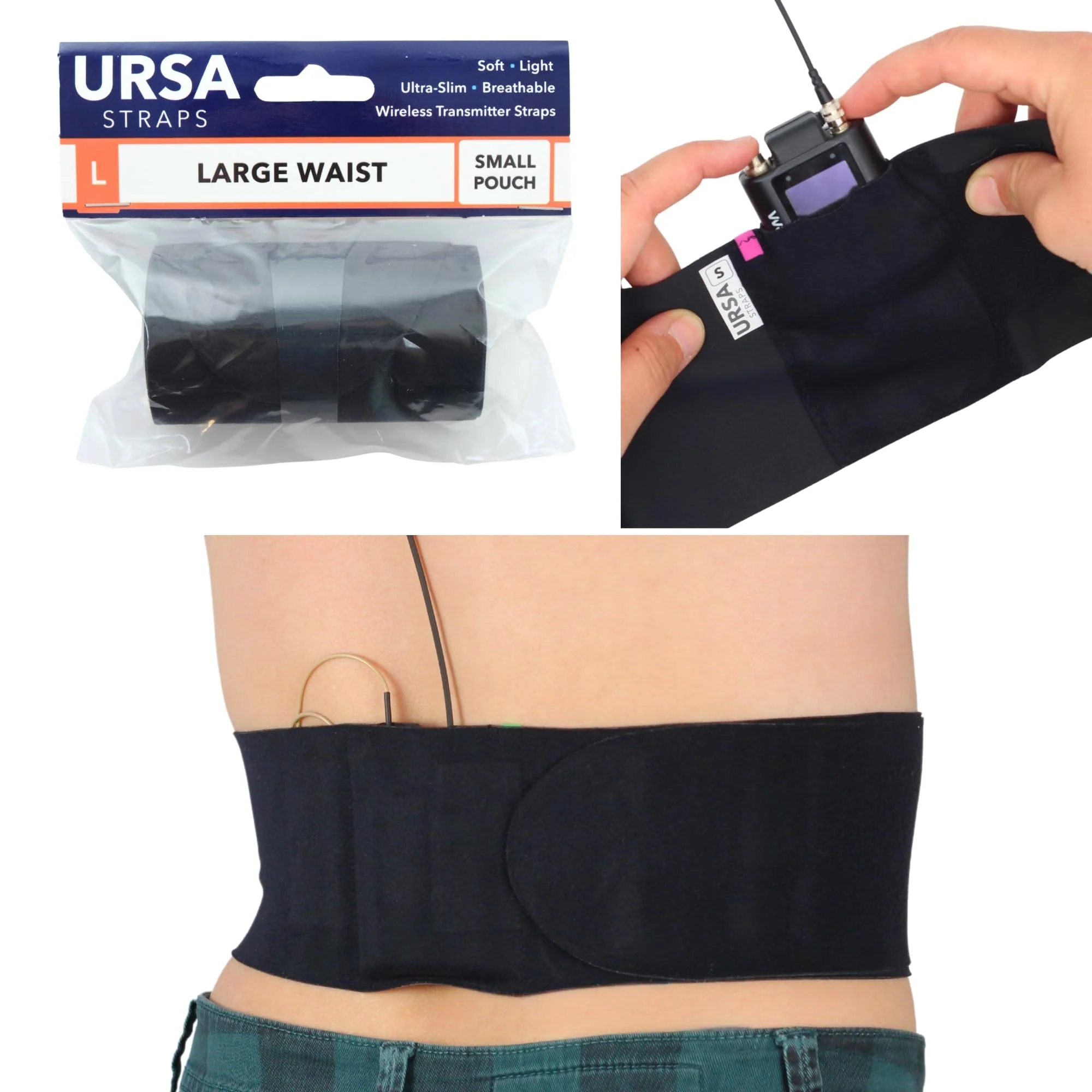URSA Waist Strap - Ultra Slim, Breathable & Stretchy Microphone Transmitter Straps. Compatible with Most Transmitter/Receivers (Black, Medium Waist - Small Pouch) - Image 3