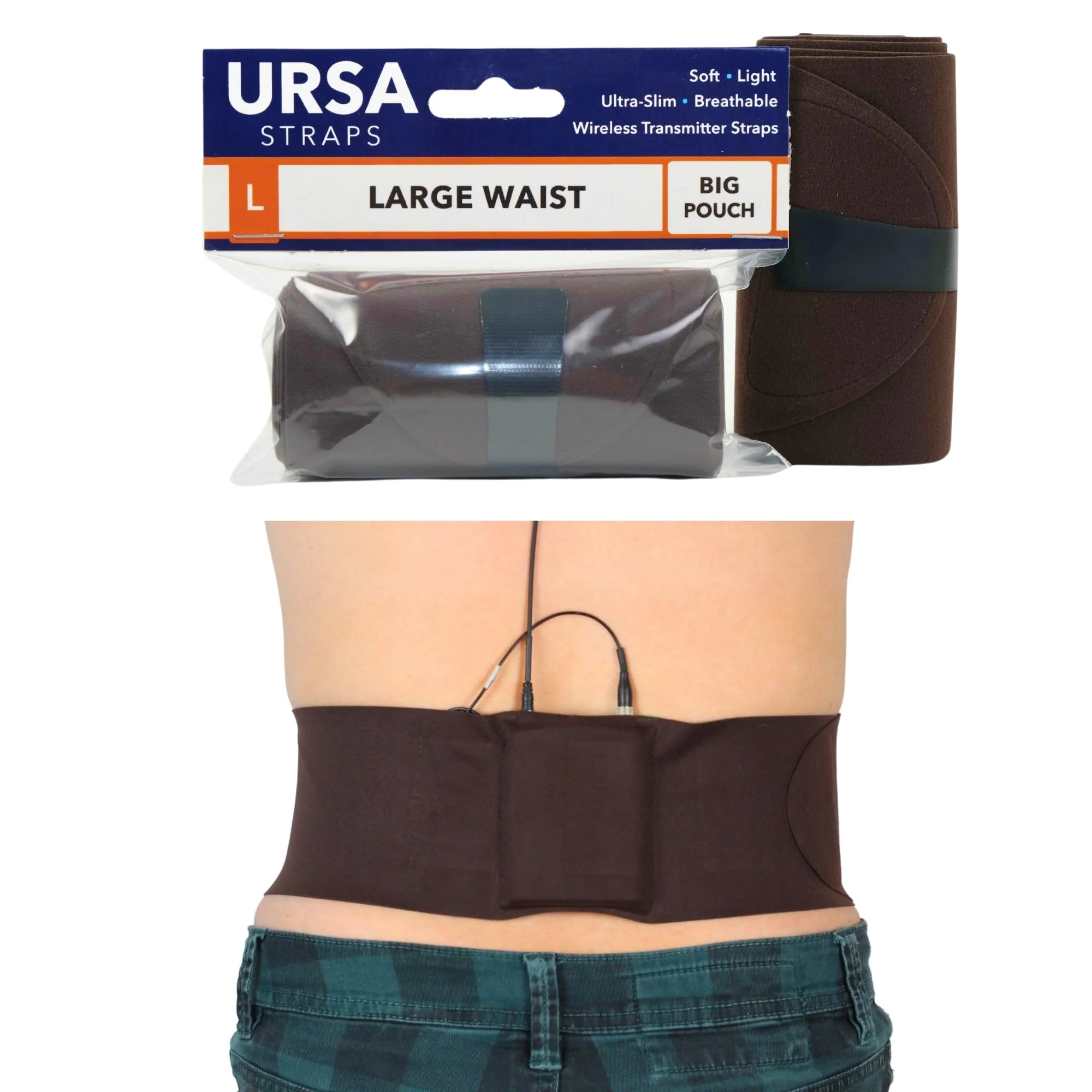 URSA Waist Strap - Ultra Slim, Breathable & Stretchy Microphone Transmitter Straps. Compatible with Most Transmitter/Receivers (Brown, Medium Waist - Big Pouch) - Image 3