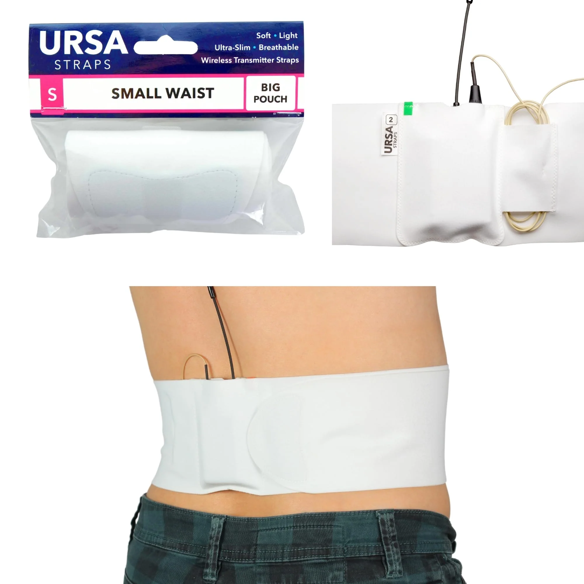 URSA Waist Strap - Ultra Slim, Breathable & Stretchy Microphone Transmitter Straps. Compatible with Most Transmitter/Receivers (White, Small Waist - Small Pouch) - Image 3