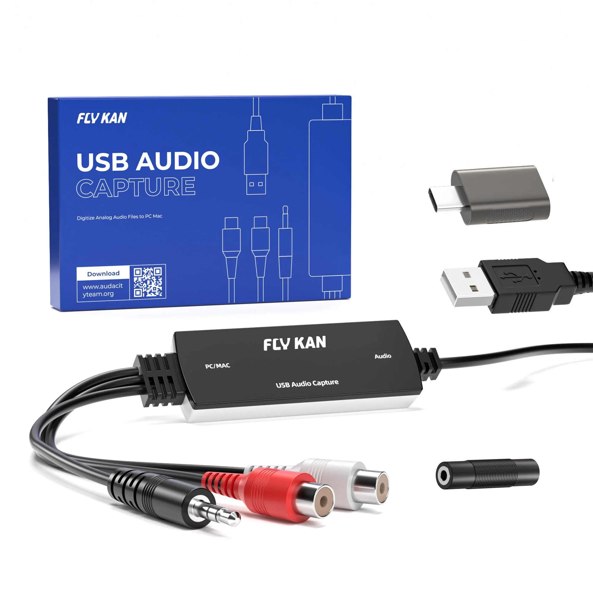 USB 2.0 Audio Grabber with USB-C Adapter – Analog to Digital Converter, Dual RCA/3.5mm Inputs, Vinyl/Cassette to MP3 USB Capture Card for PC/Mac/Linux - Image 8