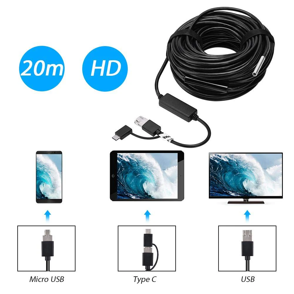USB 2.0 Endoscope, Akozon 3-in-1 Endoscope Inspection Camera 5.5 mm - 20 m Snake USB 720p Megapixel HD IP67 Waterproof Snake Camera 6 Adjustable LED Light for Smart Android Tab - Image 8