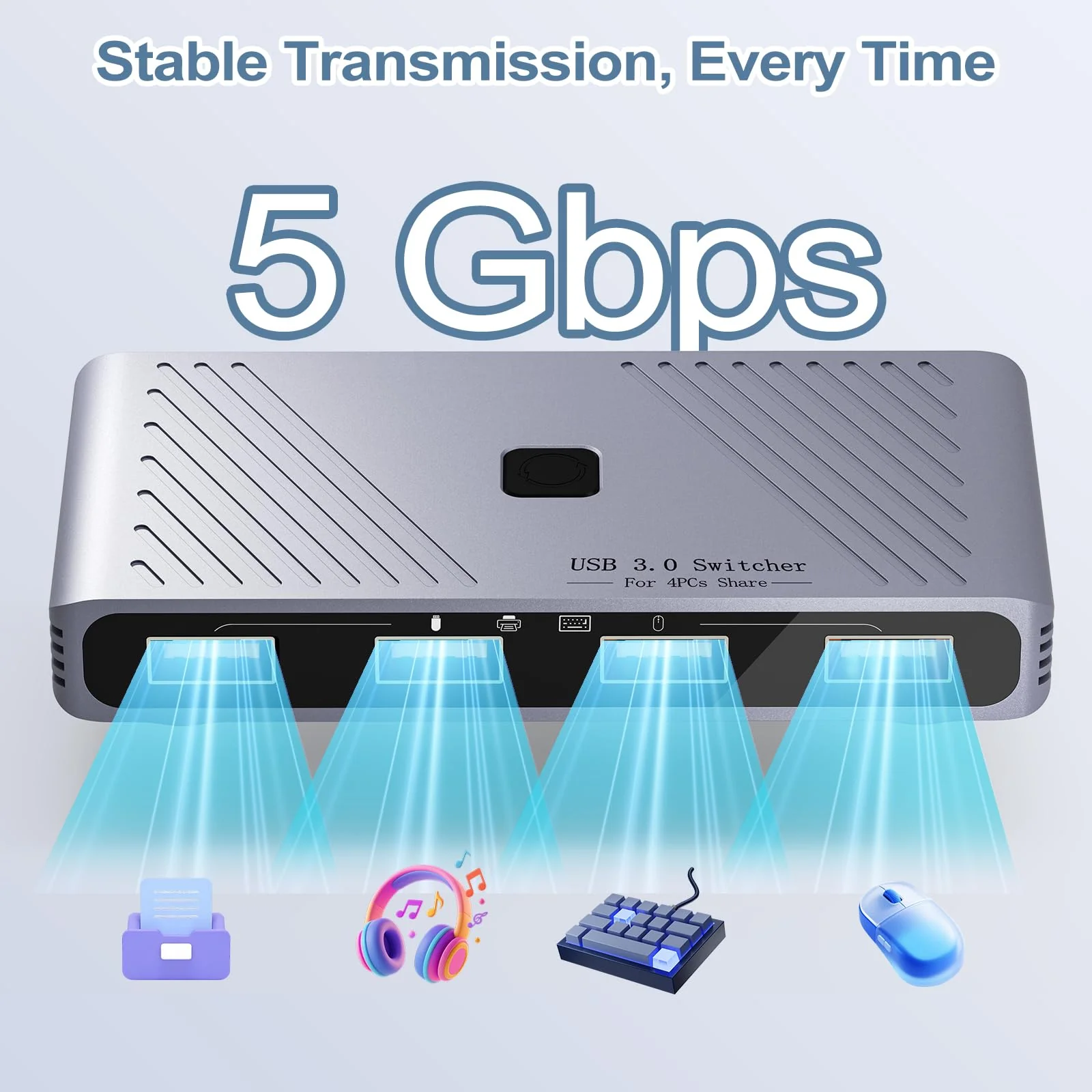 USB 3.0 Switch, 4 Computers Sharing 4 USB Devices, One-Button Switcher for Keyboard Mouse Printer Scanner, USB Peripheral Sharing Hub for PC Laptop with 2 USB 3.0 Cables, Aluminum Alloy Case For 4 PCs - Image 3