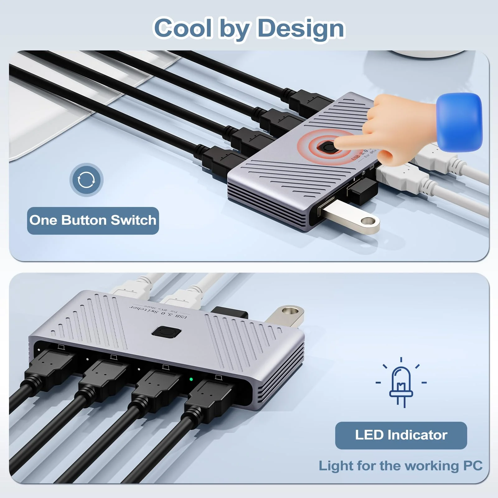 USB 3.0 Switch, 4 Computers Sharing 4 USB Devices, One-Button Switcher for Keyboard Mouse Printer Scanner, USB Peripheral Sharing Hub for PC Laptop with 2 USB 3.0 Cables, Aluminum Alloy Case For 4 PCs - Image 6