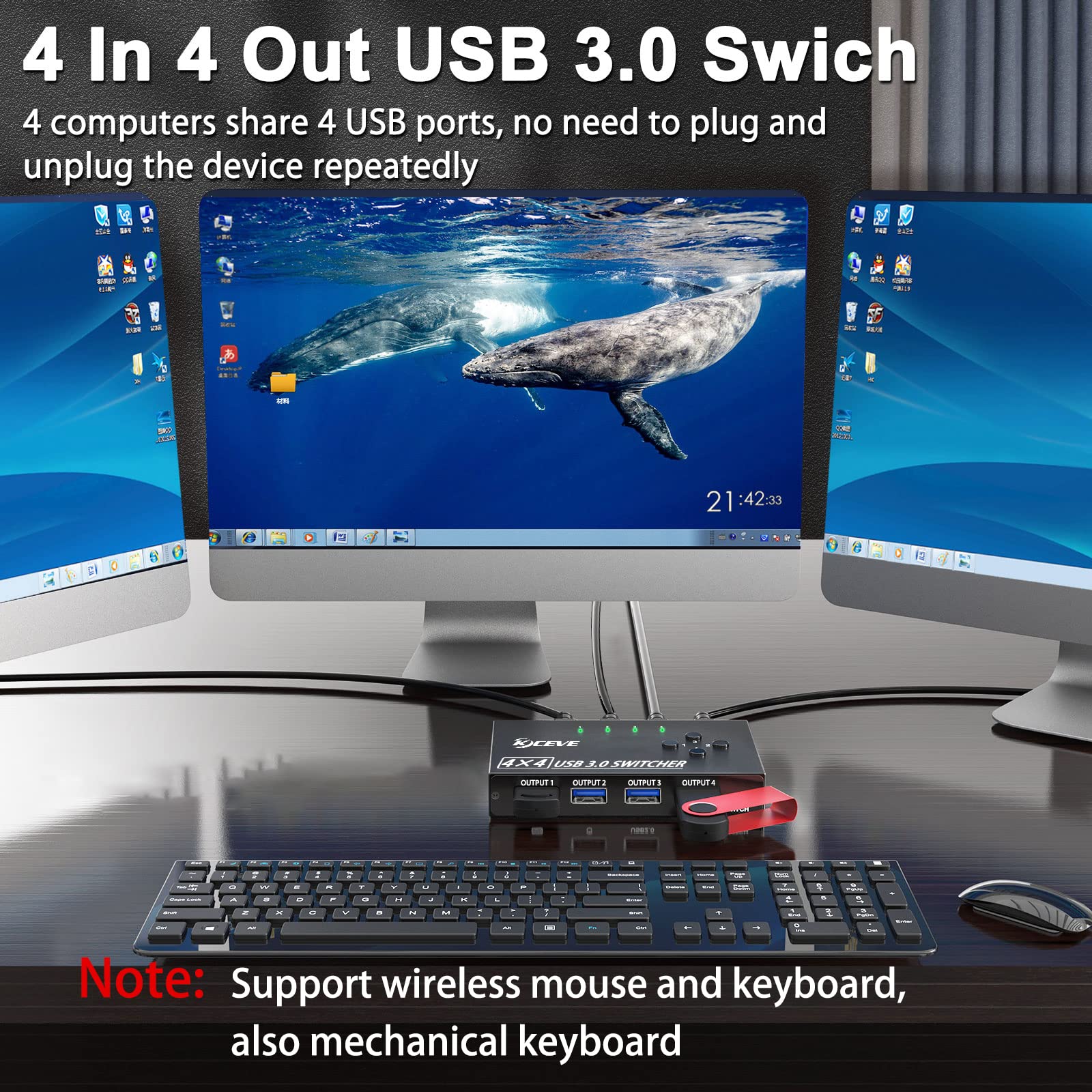 USB 3.0 Switch Selector 4 Port,MLEEDA KVM Switcher 4 Computers Sharing 4 USB Devices,USB Peripheral Switcher for Keyboard Mouse Printer Scanner,with Wired Remote Button and 4 USB 3.0 Cable USB Switch 4 PC - Image 2