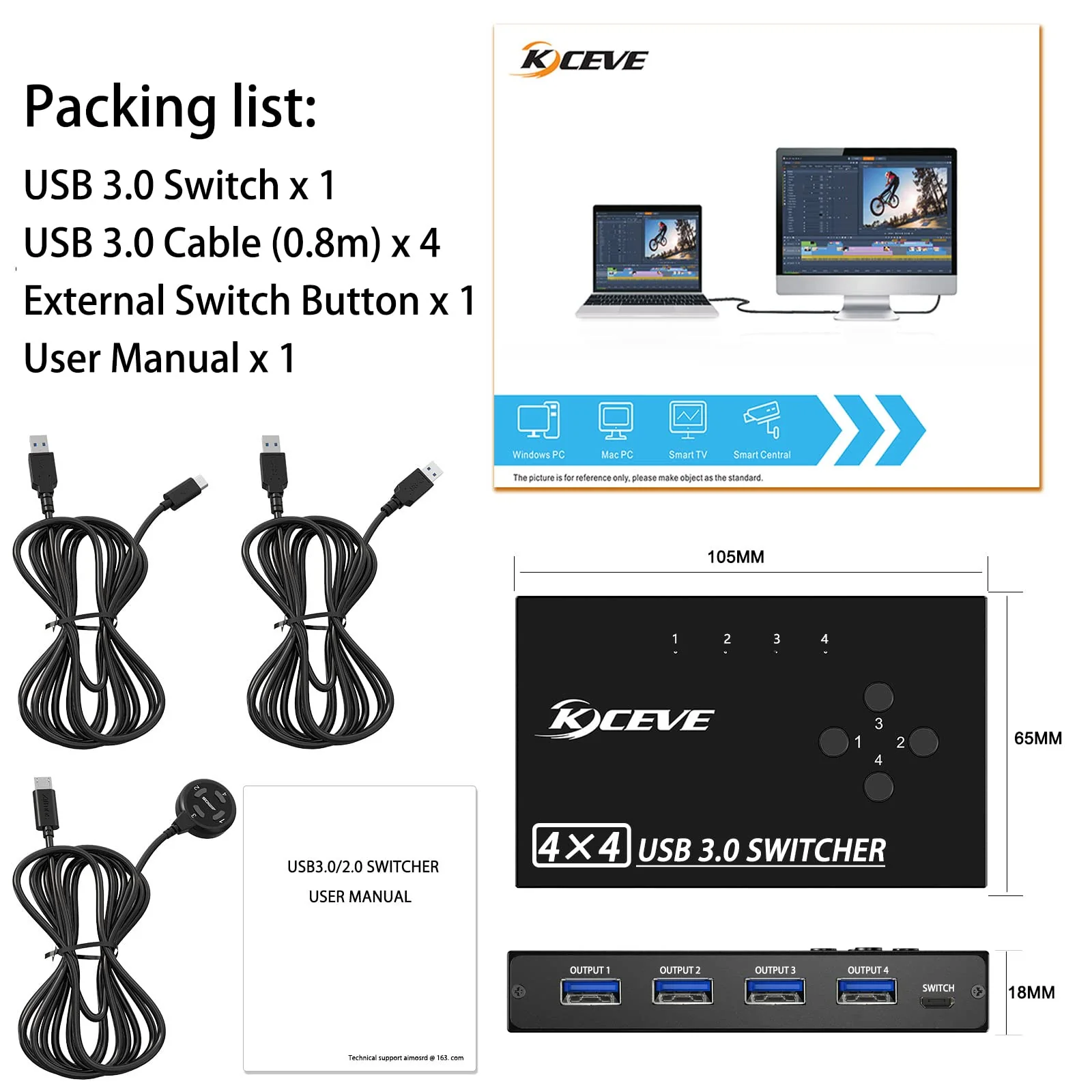 USB 3.0 Switch Selector 4 Port,MLEEDA KVM Switcher 4 Computers Sharing 4 USB Devices,USB Peripheral Switcher for Keyboard Mouse Printer Scanner,with Wired Remote Button and 4 USB 3.0 Cable USB Switch 4 PC - Image 7