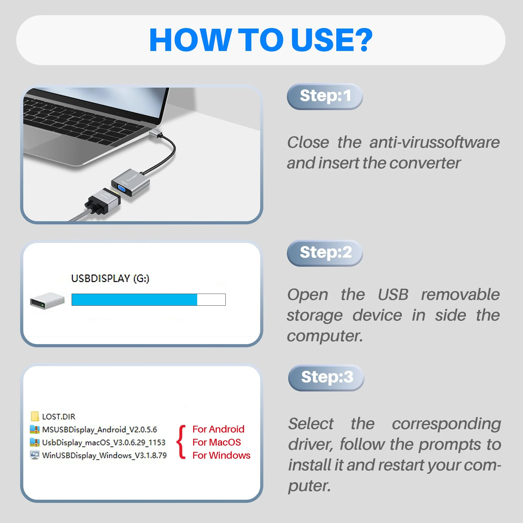 USB 3.0 to VGA Adapter for Monitor, USB A 3.0 Male to VGA Female Adapter Multi-Display Video 1080P Converter for Mac OS(2015-2019),(Windows 11/10/8.1/8/7) and Android (No Support for Chromebook/Linux) USB 3.0 Male to VGA Female - Image 5