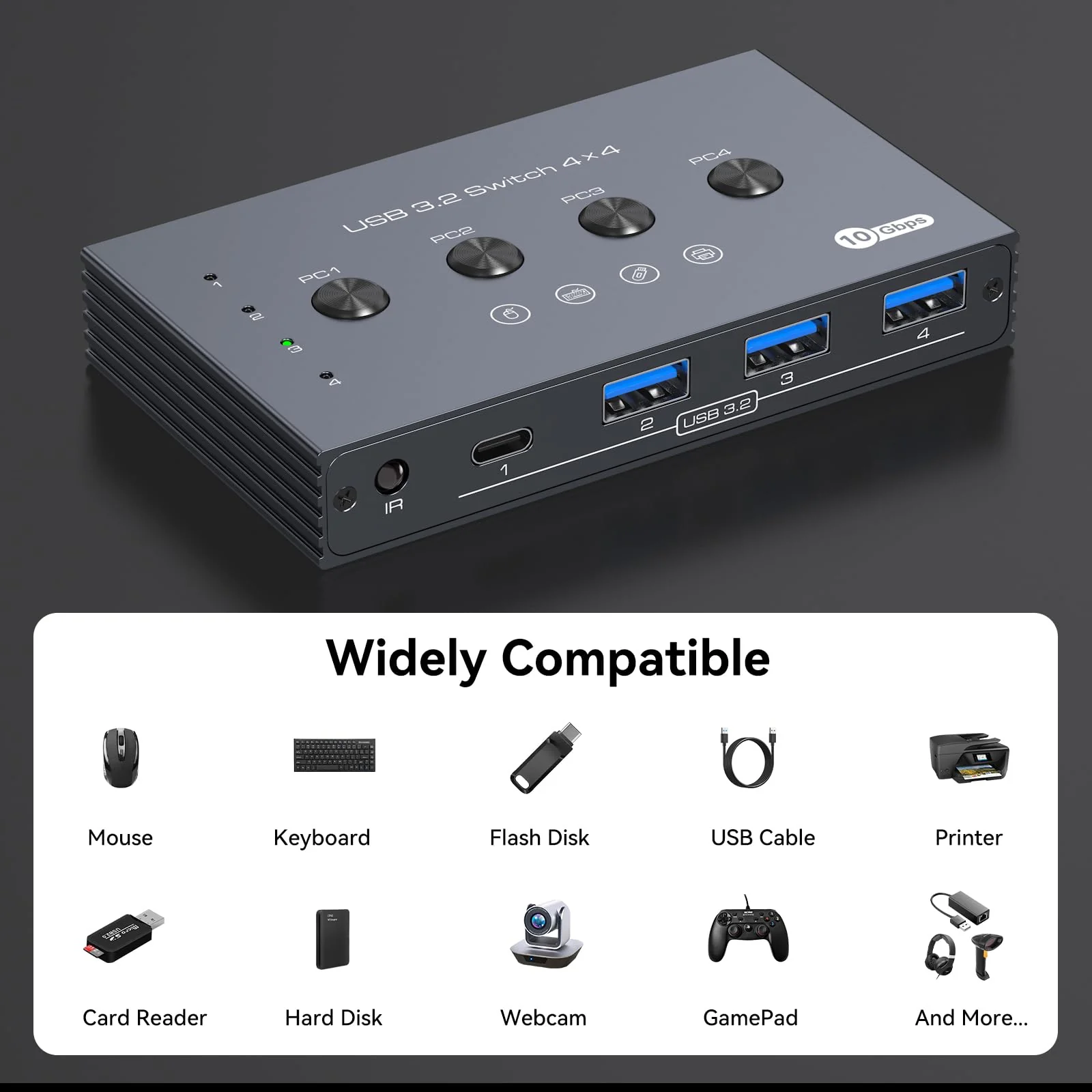 USB 3.2 Switch 4 Computers Share 4 USB Devices 4 Port USB Switcher for Mouse Keyboard Scanner Printer with Remote and Cables USB 3.2 4 PC dark gray - Image 5
