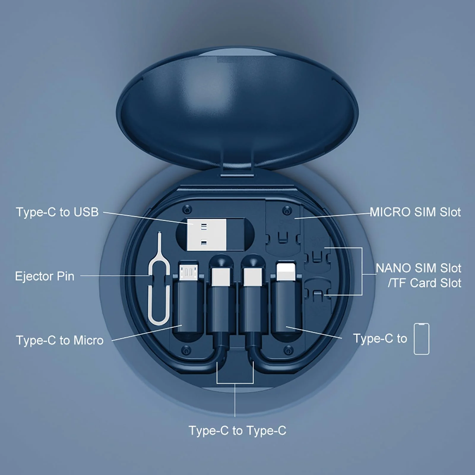 USB Adapter, Micro USB Charging Cable with USB C Lighting Adapter, Lighting to USB C Adapter, Multi Charging Cable Storage Box Contains SIM Card Holder Blue - Image 2