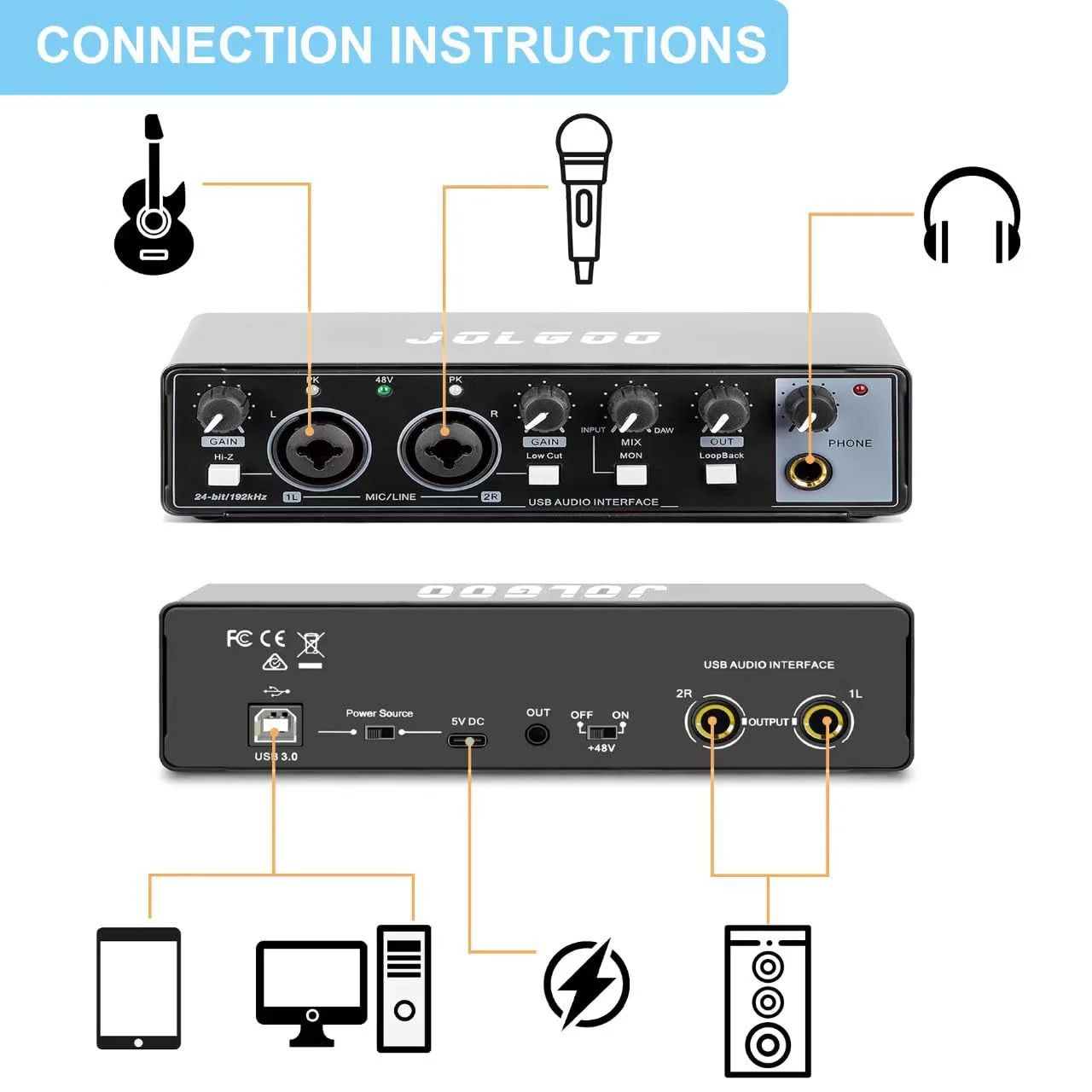 USB Audio Interface, 24-Bit/192kHz Plug & Play Sound Card for Recording – XLR/Line In, Headphone Out, Low Latency, Compatible with PC, Mac, Smartphone - Image 2