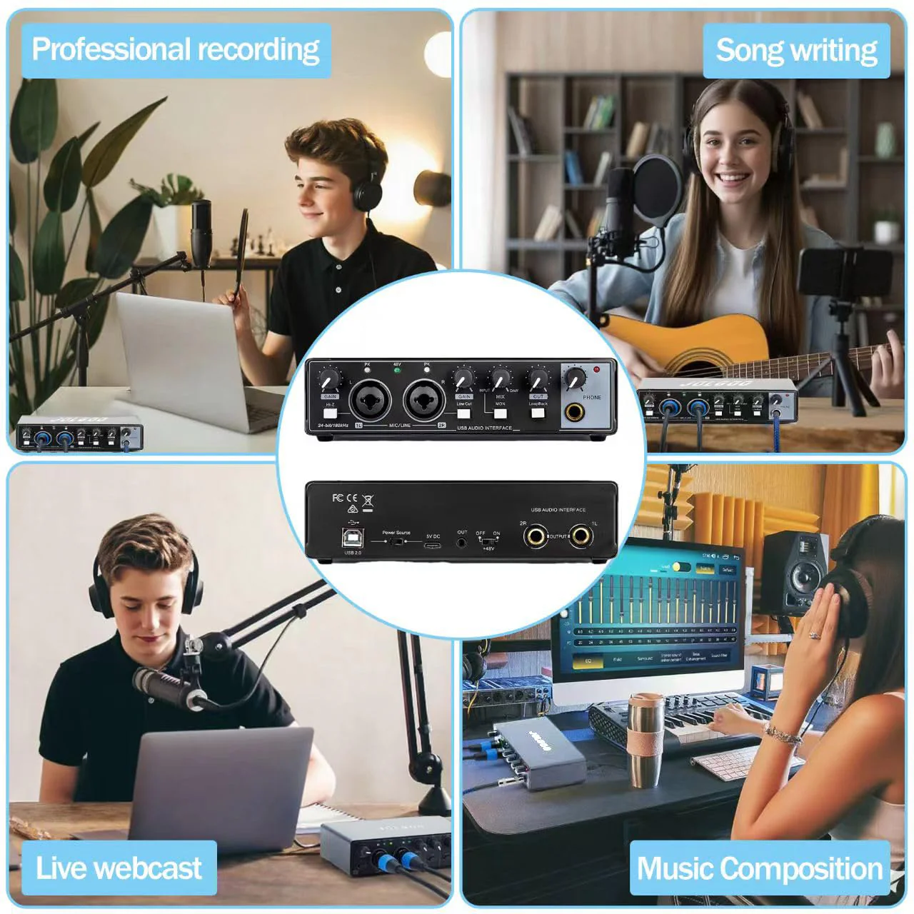 USB Audio Interface, 24-Bit/192kHz Plug & Play Sound Card for Recording – XLR/Line In, Headphone Out, Low Latency, Compatible with PC, Mac, Smartphone - Image 5