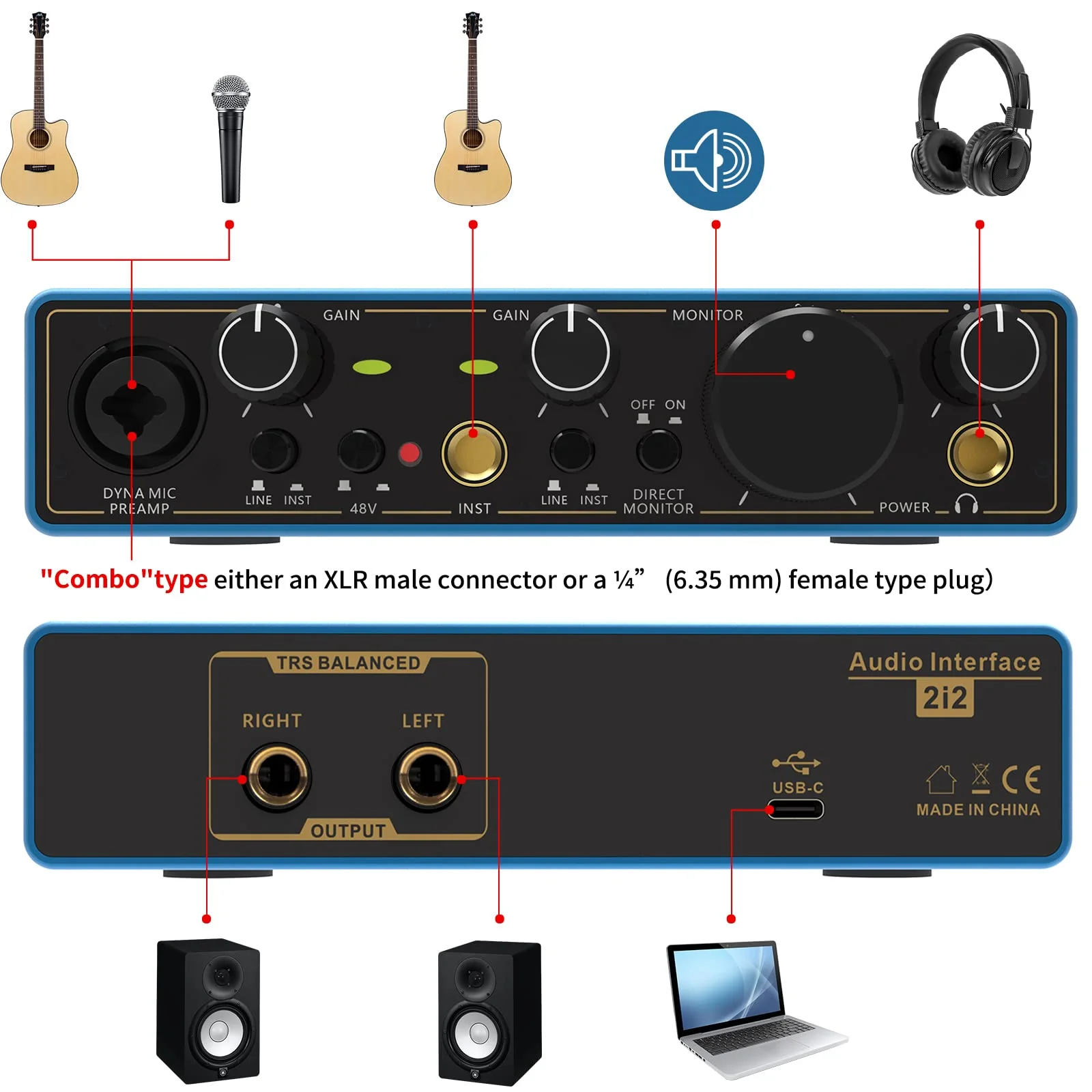USB Audio Interface, AKLOT Xrl Audio Interfaces, for the Guitarist, Vocalist, Podcaster or Producer, 24-bit/192 kHz High-Fidelity, Studio Quality Recording, 2 In 2 Out Audio Interfaces for PC/Win/Mac 2In-2Out Blue - Image 2