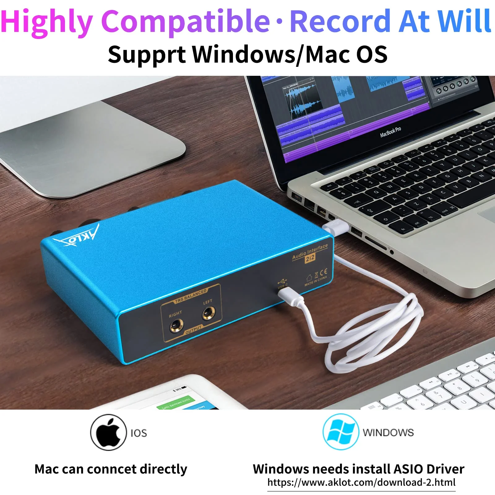 USB Audio Interface, AKLOT Xrl Audio Interfaces, for the Guitarist, Vocalist, Podcaster or Producer, 24-bit/192 kHz High-Fidelity, Studio Quality Recording, 2 In 2 Out Audio Interfaces for PC/Win/Mac 2In-2Out Blue - Image 3