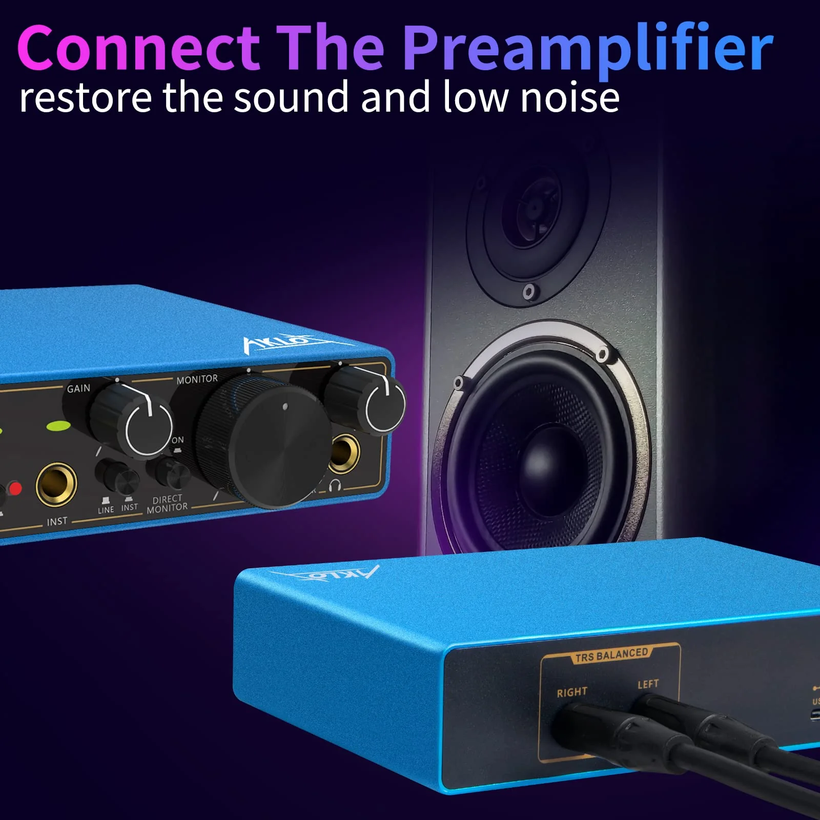 USB Audio Interface, AKLOT Xrl Audio Interfaces, for the Guitarist, Vocalist, Podcaster or Producer, 24-bit/192 kHz High-Fidelity, Studio Quality Recording, 2 In 2 Out Audio Interfaces for PC/Win/Mac 2In-2Out Blue - Image 4