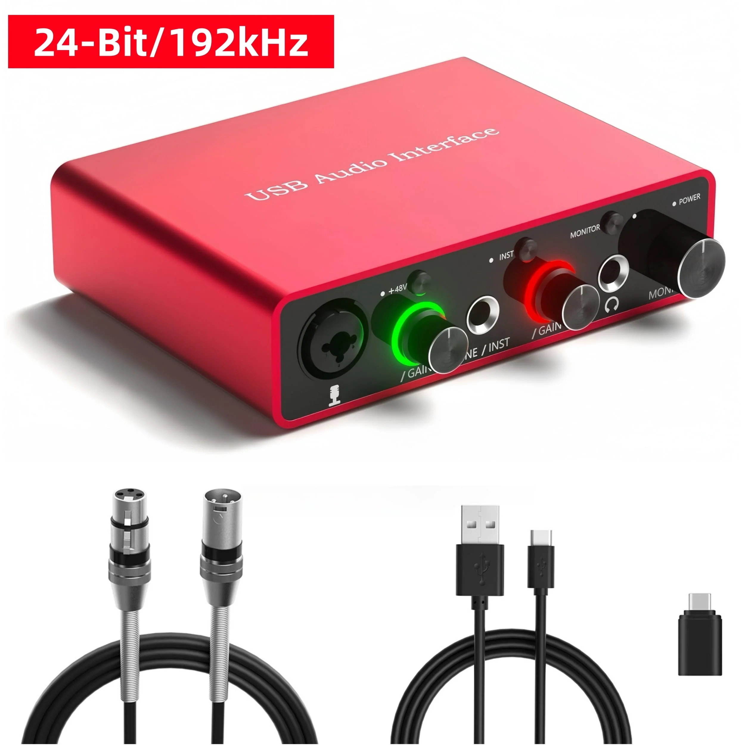 USB Audio Interface for PC, 48V Phantom Power Audio Interface for Computer Recording Music, Podcasting, and Streaming, 24-Bit/192kHz, XLR & 1/4” Combo Connectors, LINE/INST Input - Image 2