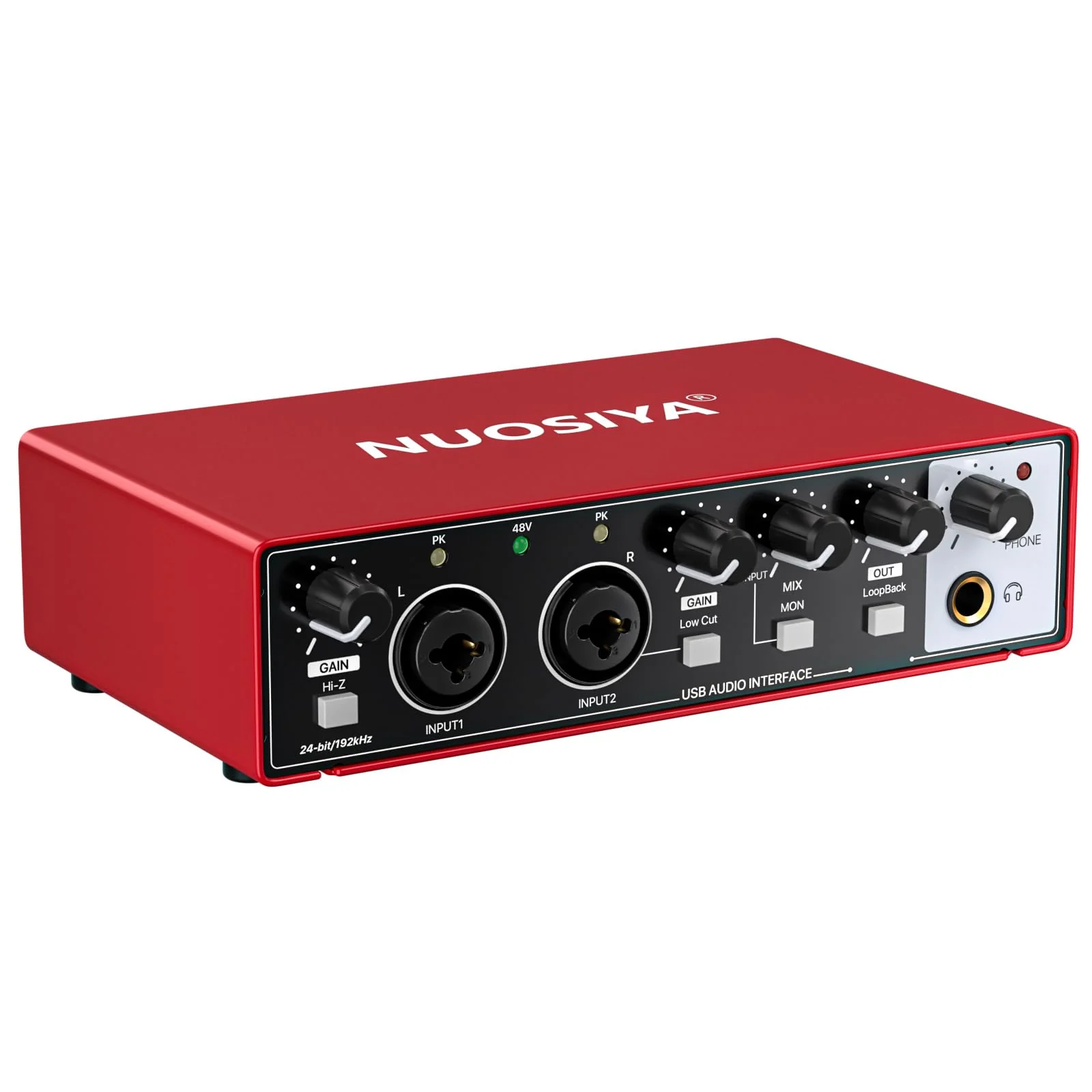 USB Audio Interface for PC Computer Recording Music, Red 2x2 Guitar Audio Interface for Mac 24Bit/192kHz Podcasting Streaming for Vocalist Producer with 48V Phantom Power