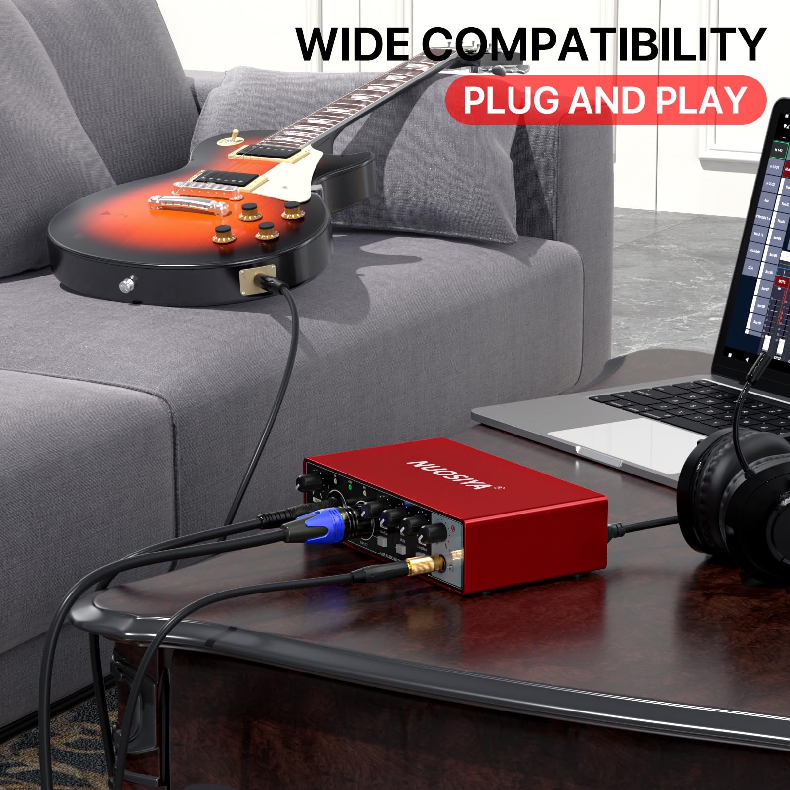 USB Audio Interface for PC Computer Recording Music, Red 2x2 Guitar Audio Interface for Mac 24Bit/192kHz Podcasting Streaming for Vocalist Producer with 48V Phantom Power - Image 4