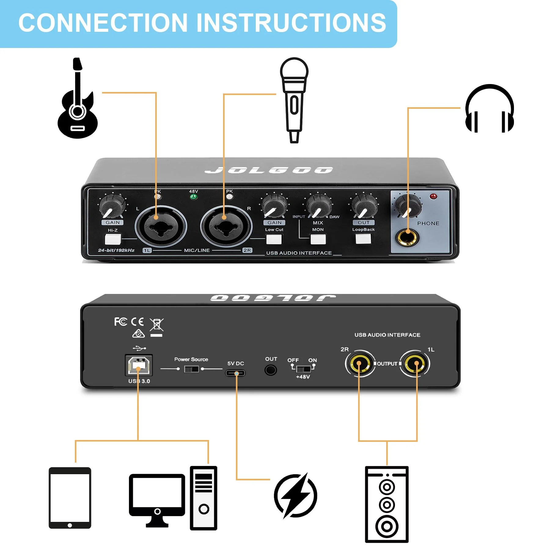USB Audio Interface for Recording Music, 24-Bit/192kHz, Plug and Play Audio Interface for PC, Mac, and Smartphone – Low Latency, XLR/Line In, Headphone Out - Image 2