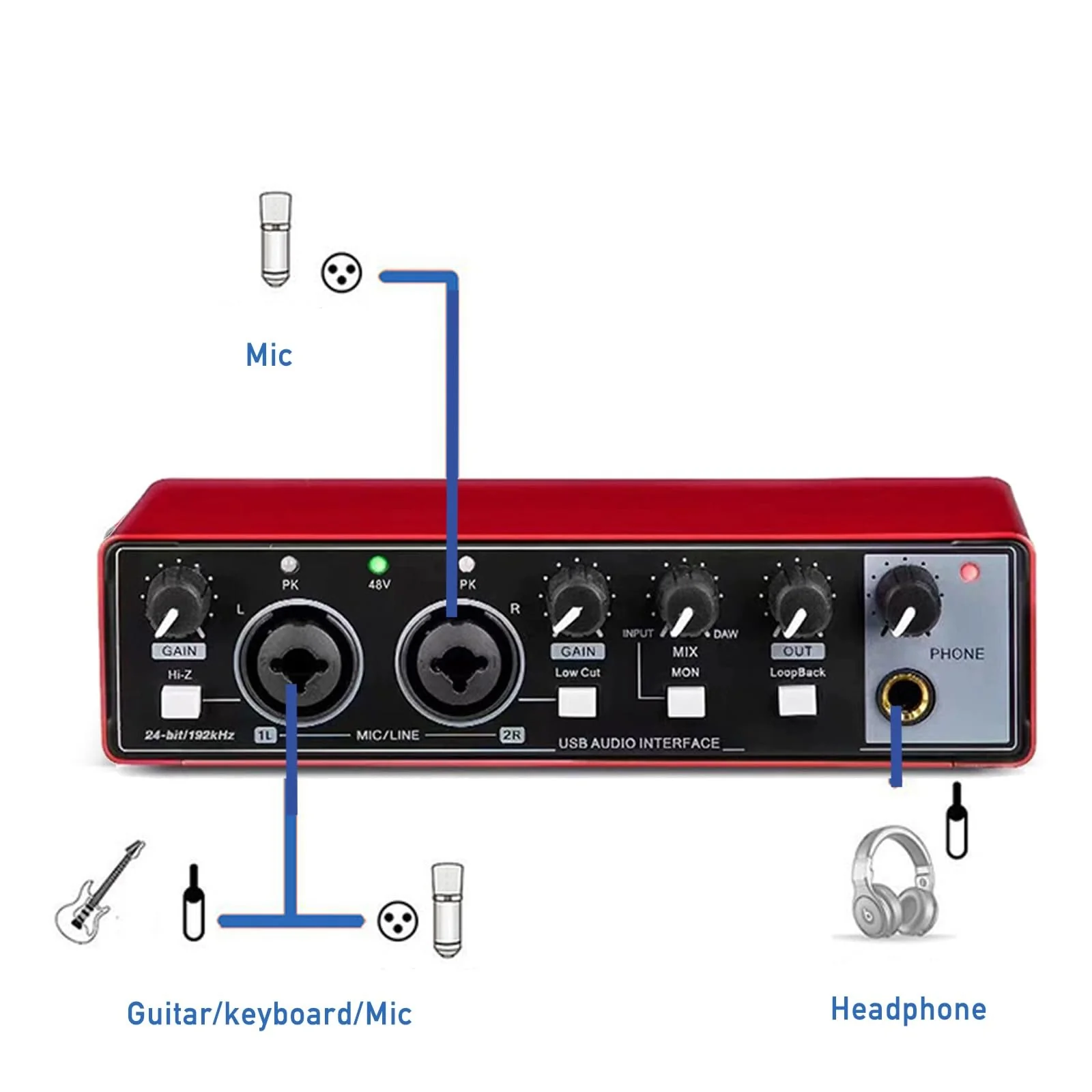 USB Audio Interface, Interface for Recording Music, USB2.0 Studio Equipment for Mac/PC, XLR Input, 24Bit/192kHz, Plug & Play, 48V Phantom Power, Red - Image 3