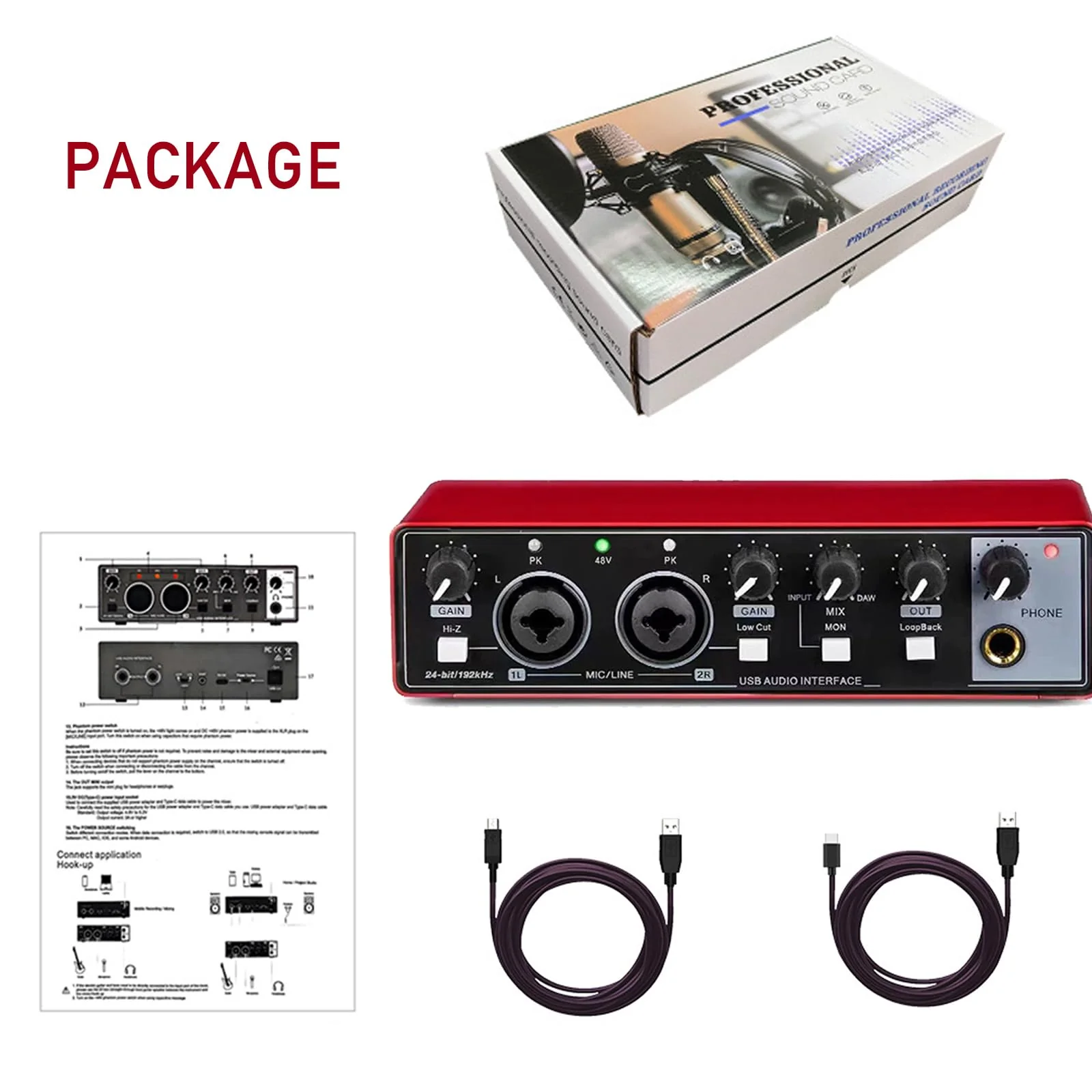 USB Audio Interface, Interface for Recording Music, USB2.0 Studio Equipment for Mac/PC, XLR Input, 24Bit/192kHz, Plug & Play, 48V Phantom Power, Red - Image 6