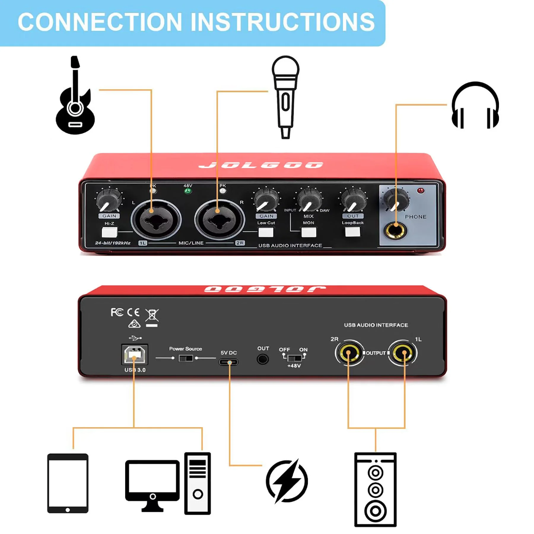 USB Audio Interface, Red 24-Bit/192kHz Plug & Play Sound Card for Recording – XLR/Line In, Headphone Out, Low Latency, Compatible with PC, Mac, Smartphone - Image 2