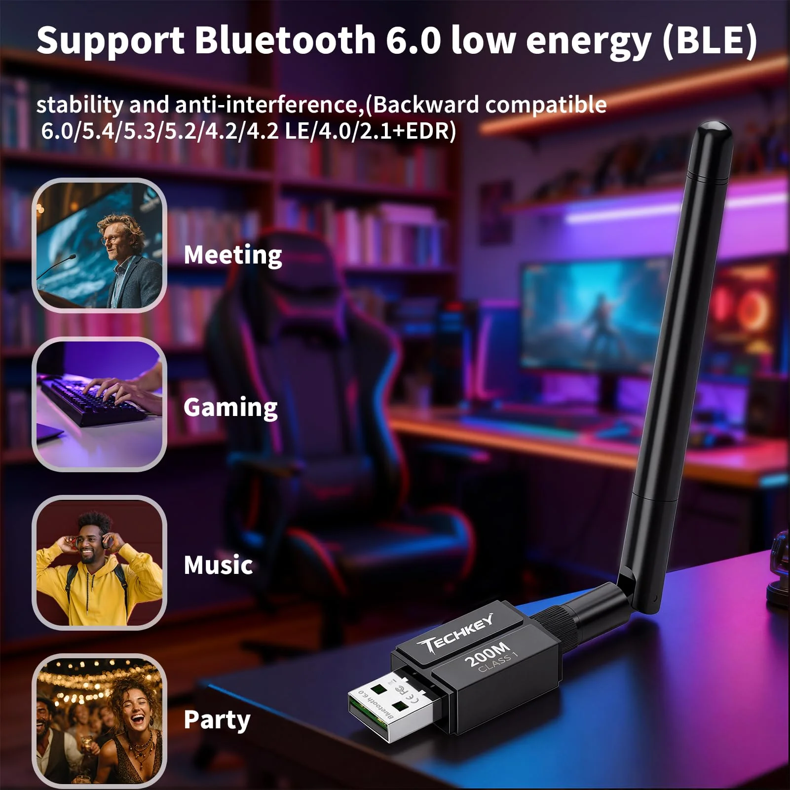 USB Bluetooth 6.0 Adapter for Desktop PC: Plug & Play 600FT Long Range Wireless Dongle with 5dBi Antenna for Laptop Windows 11/10/8.1, Pair BT Headphones/Headset/Speaker/Mouse/Keyboard/Printer 6.0BT black - Image 3