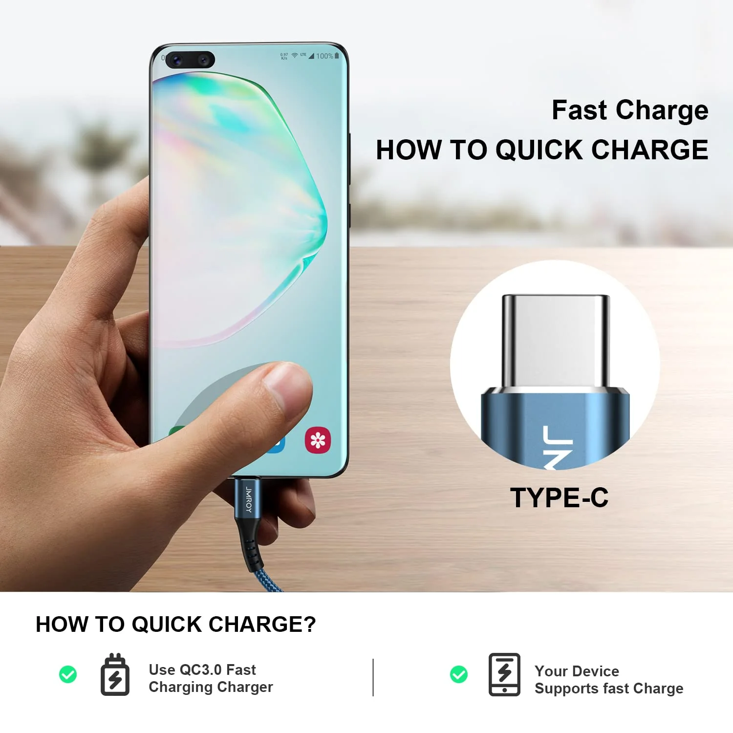 USB C Cable 3.1A Fast Charging Cable Type C Charging Cable for Samsung Galaxy A51 A50 A41 A40 A71 A21s A20 A20e S8 S9 S10 S20 fe, Note 10 9 8, Huawei P40 P30. P20 P10 P9 (1M) 1m gray - Image 2