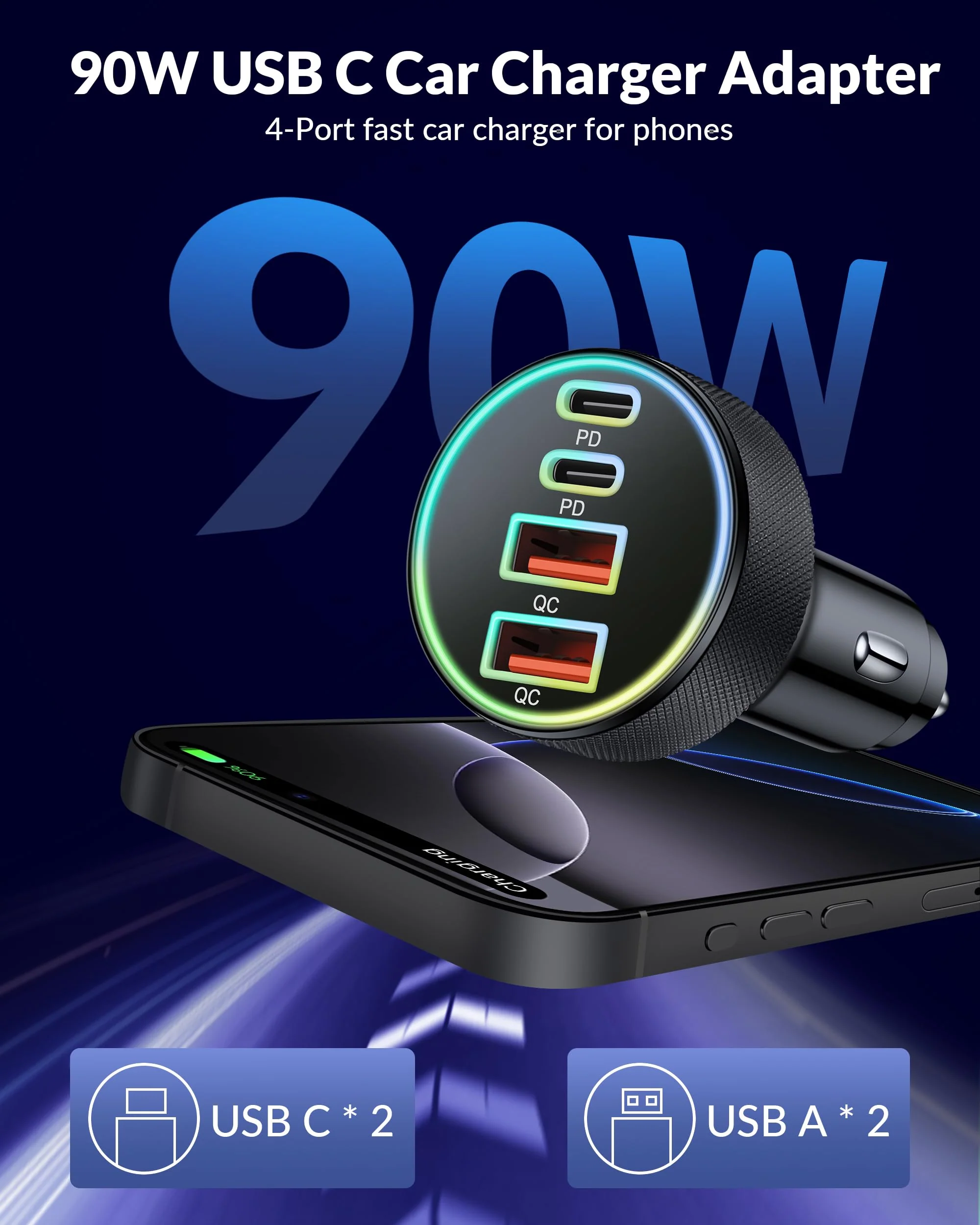 USB C Car Charger, 4-Port 90W Dual USB-C & USB-A Car Charger Adapter PD/QC Multi Port Fast Charging Cigarette Lighter for iPhone 16 15 14 13 12 11 Pro Max, iPad, Samsung S24 S23 S22, Pixel, Android - Image 2