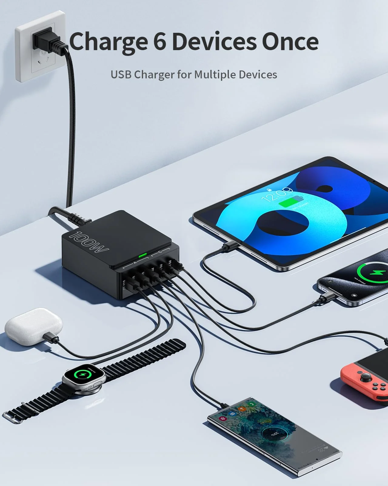 USB C Charger Block Charging Station: 100W 6 Port GaN Fast Charging Brick Hub Cube Box - PD 3.0 Type C & USB A Wall Charger Power Adapter for iPhone 16 Pro Max iPad Samsung Android Pixel Black - Image 2