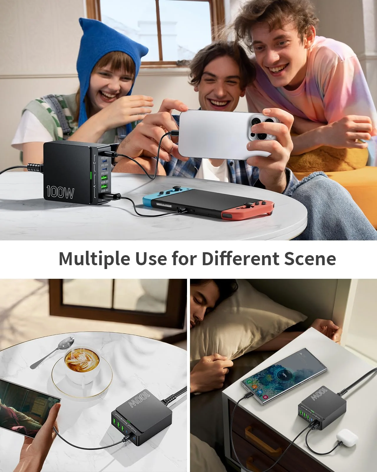 USB C Charger Block Charging Station: 100W 6 Port GaN Fast Charging Brick Hub Cube Box - PD 3.0 Type C & USB A Wall Charger Power Adapter for iPhone 16 Pro Max iPad Samsung Android Pixel Black - Image 7
