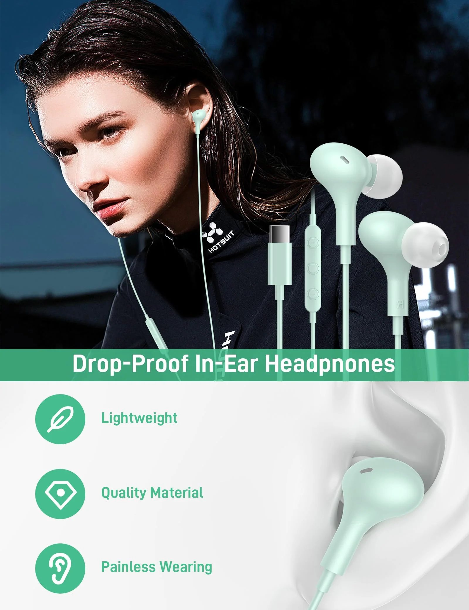 USB C Headphones for Apple iPhone 15 Plus iPad/Google Pixel 8 8A 7 Pro 7A/ Samsung Galaxy S24 S23 S22 S21 Ultra Android Earbud Wired Type C Earphones Magnetic Small Ear Buds with Microphone Mint - Image 2