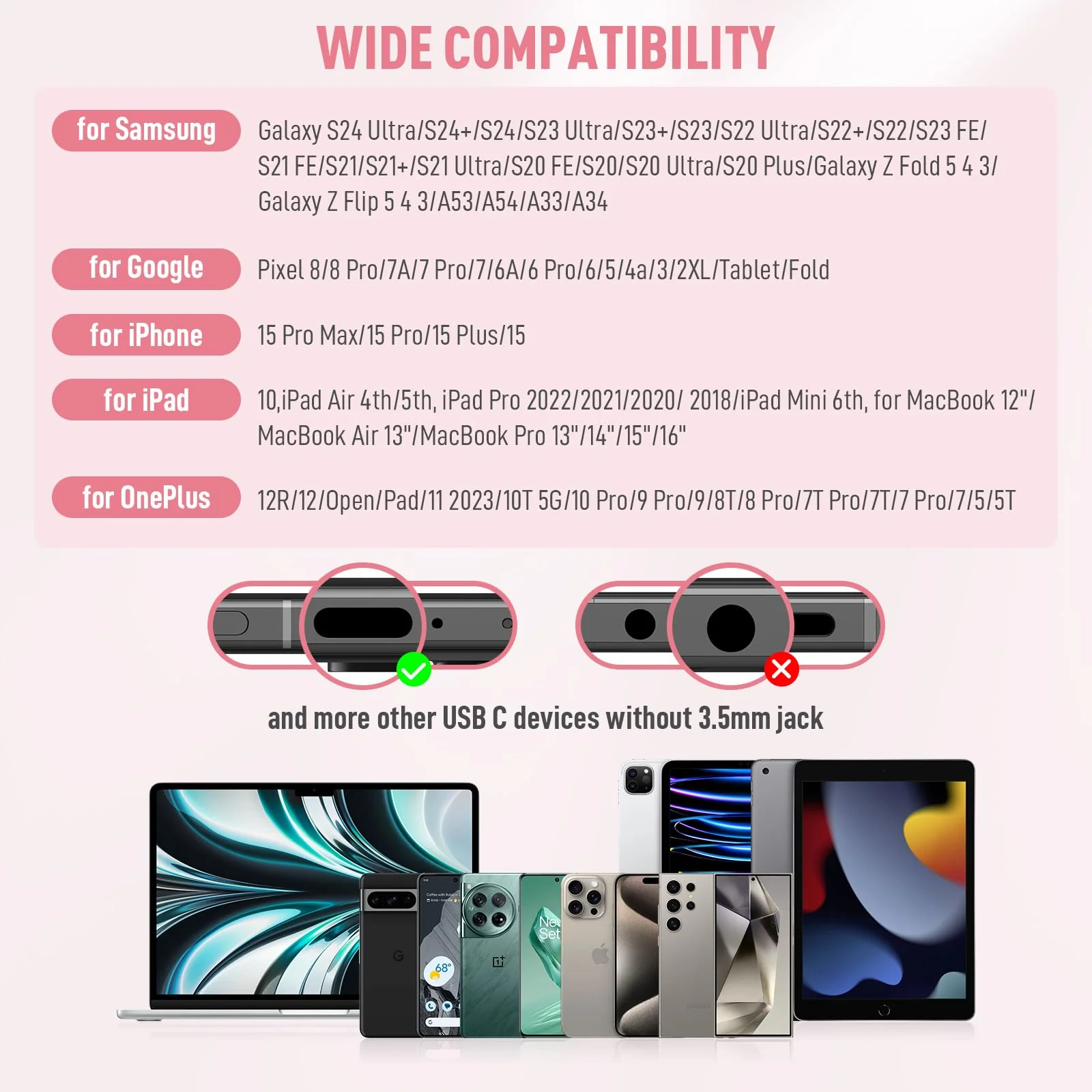 USB C Headphones for iPhone 15 Pro Max Plus iPad Air, Type C Earphones with Mic HiFi Stereo Magnetic USBC Wired Earbuds for Samsung Galaxy S24 Ultra A35 S23 Fe S22+ Flip Fold 5 Pixel 8A 8 7 Pro, Pink - Image 6