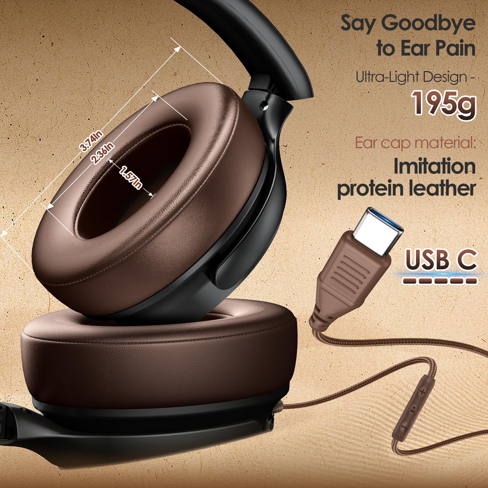 USB C Headphones Wired Headphones Over Ear with HD Mic, Foldable Active Noise-Canceling Headphone for iPad/Sports/School/Travel/iPhone 17/16/15, Samsung S25/S24, Google Pixel 9,Ideal Gifts-Brown Brown - Image 2