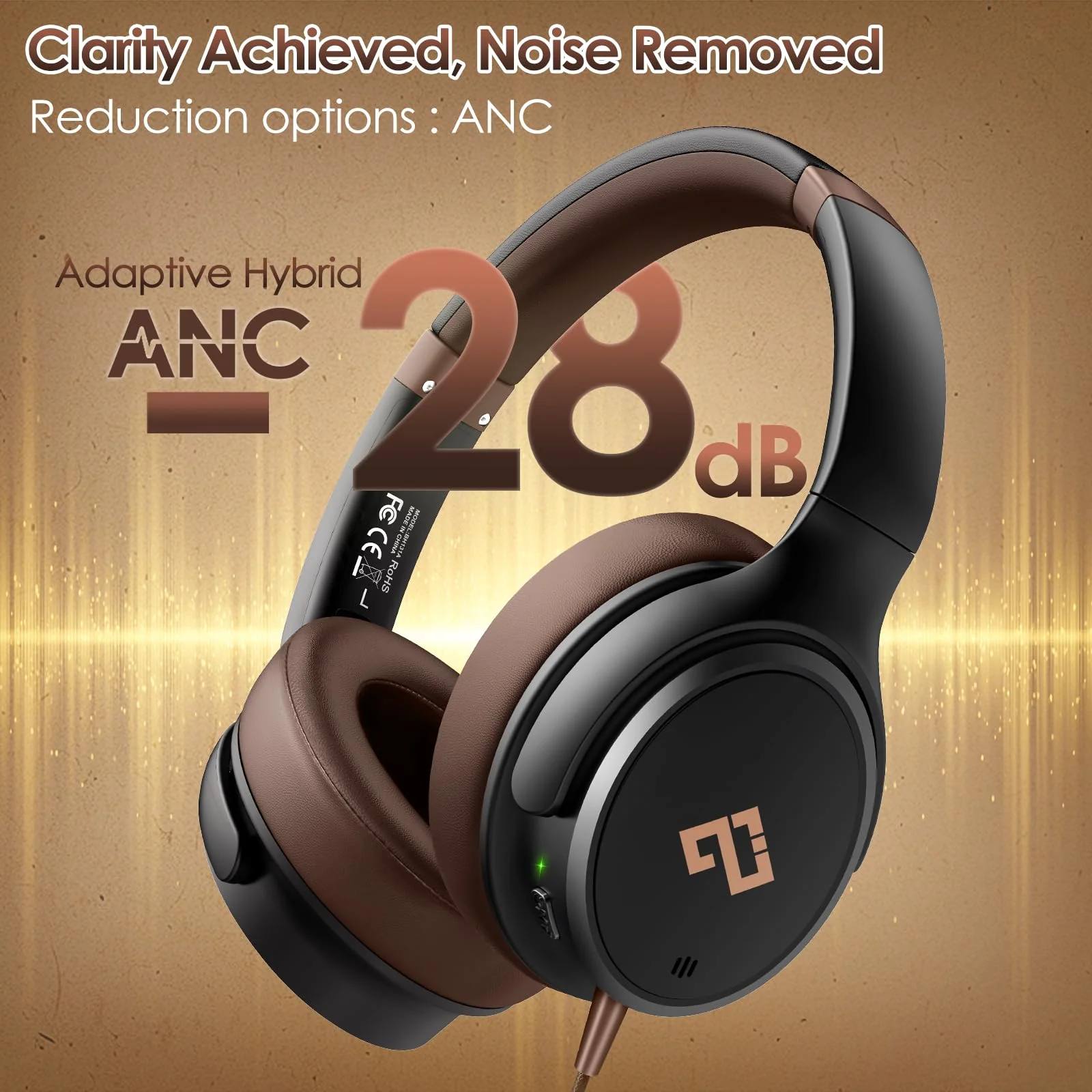 USB C Headphones Wired Headphones Over Ear with HD Mic, Foldable Active Noise-Canceling Headphone for iPad/Sports/School/Travel/iPhone 17/16/15, Samsung S25/S24, Google Pixel 9,Ideal Gifts-Brown Brown - Image 3