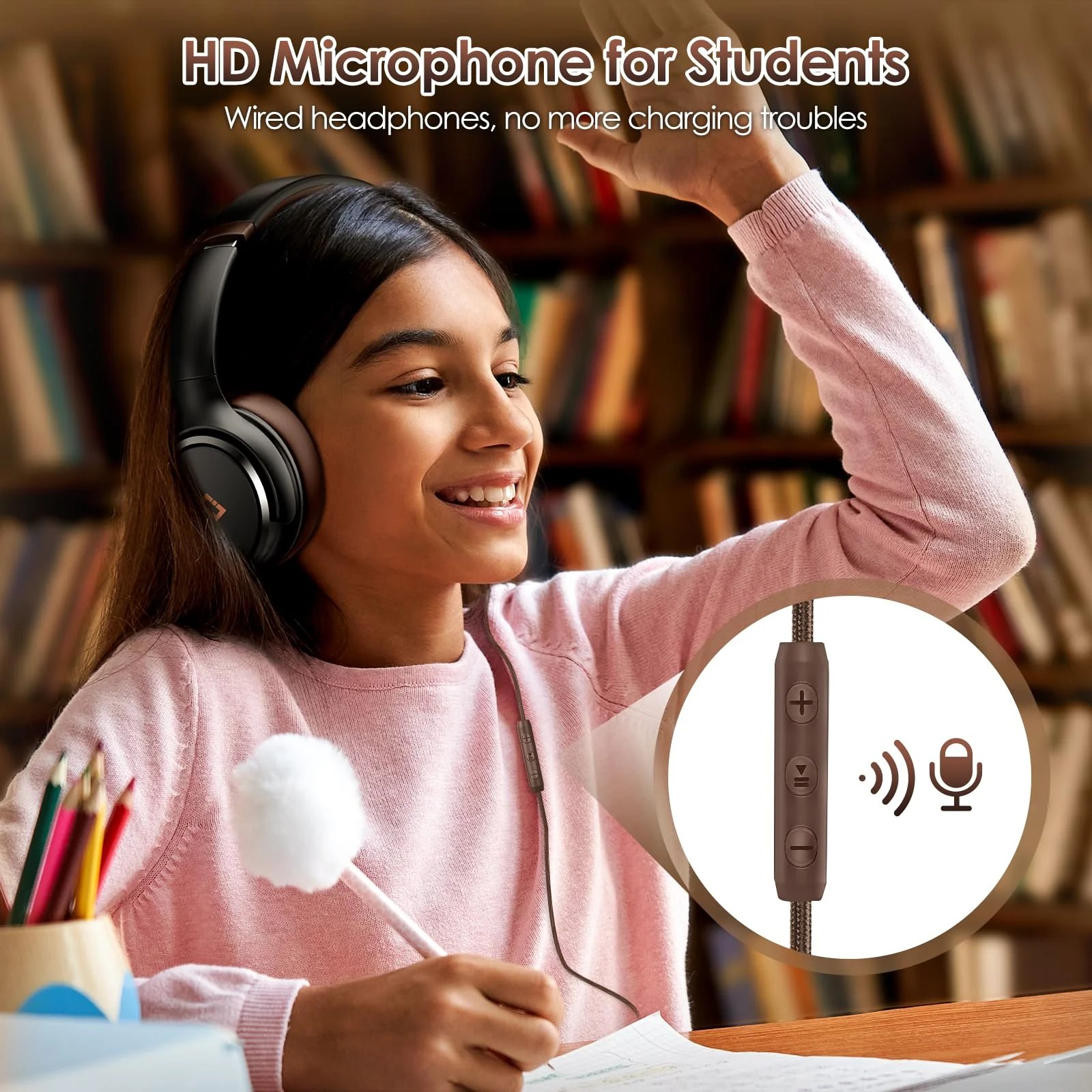 USB C Headphones Wired Headphones Over Ear with HD Mic, Foldable Active Noise-Canceling Headphone for iPad/Sports/School/Travel/iPhone 17/16/15, Samsung S25/S24, Google Pixel 9,Ideal Gifts-Brown Brown - Image 5