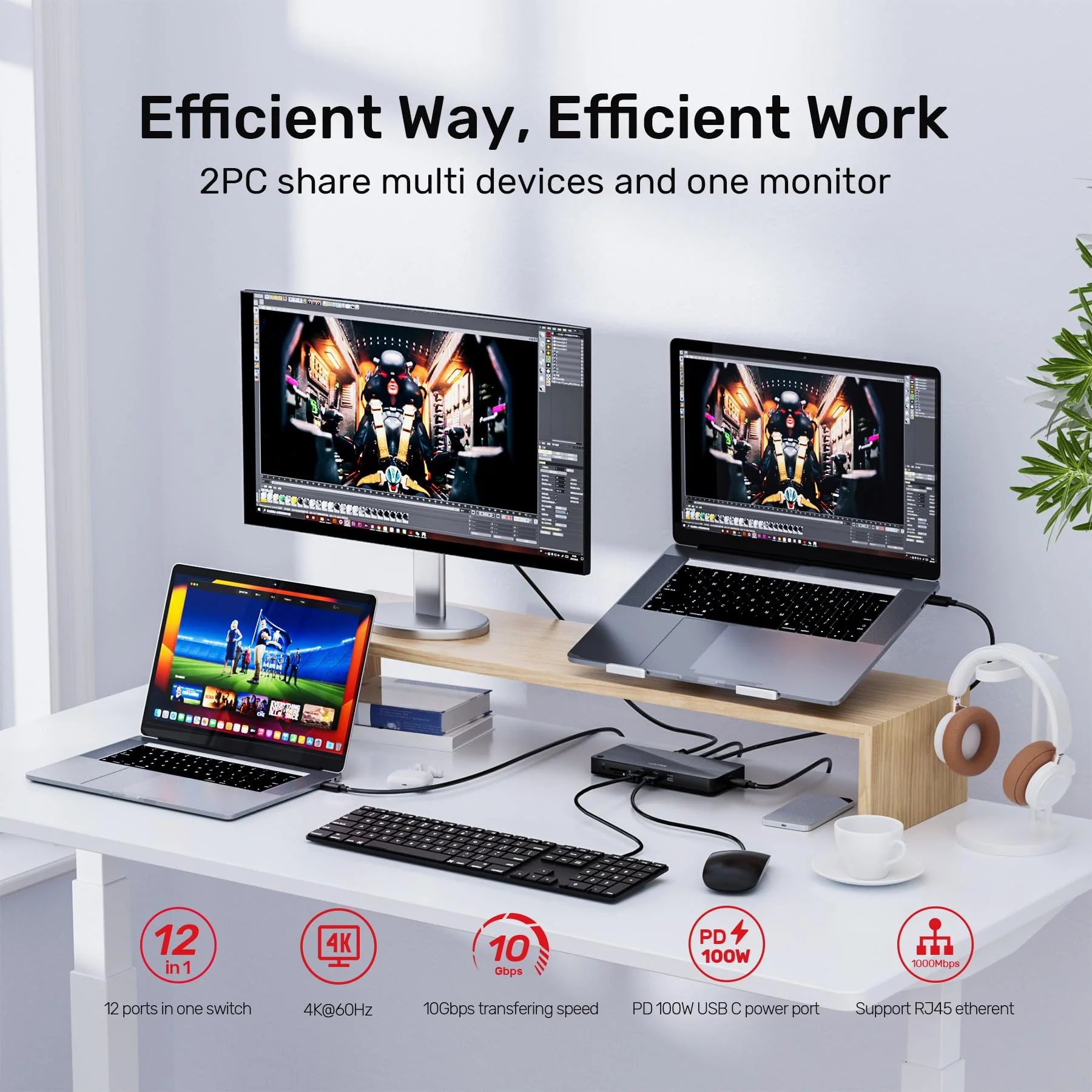 USB C KVM Switch HDMI 4K@60Hz Unitek Switches Selector 2 Computers Sharing HD Monitor,Mouse, Keyboard,Printer, Scanner, One Button Switch Adapter with 2 Pack USB C Cables, Thunderbolt 3 Compatible All-in-One KVM - Image 2