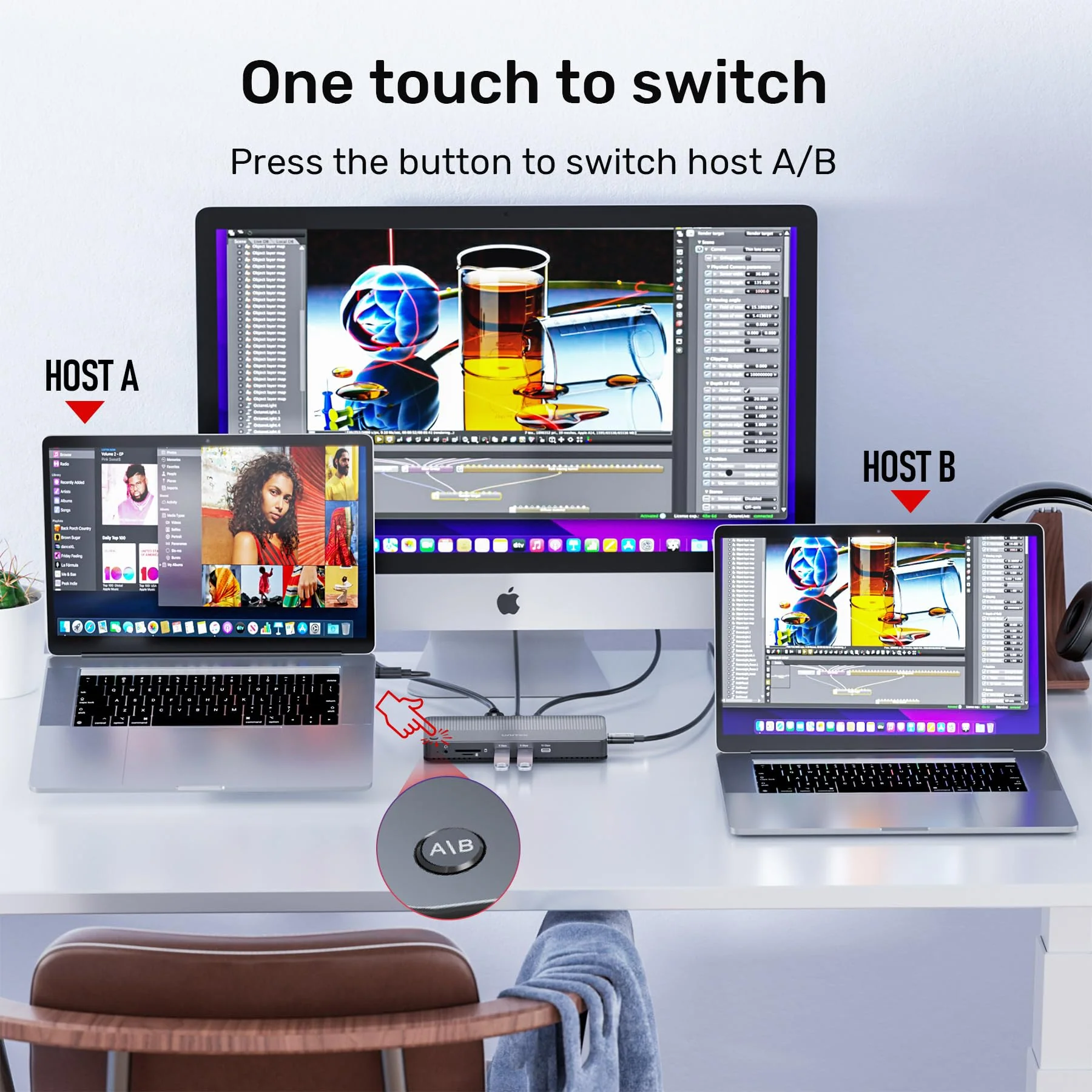USB C KVM Switch HDMI 4K@60Hz Unitek Switches Selector 2 Computers Sharing HD Monitor,Mouse, Keyboard,Printer, Scanner, One Button Switch Adapter with 2 Pack USB C Cables, Thunderbolt 3 Compatible All-in-One KVM - Image 4