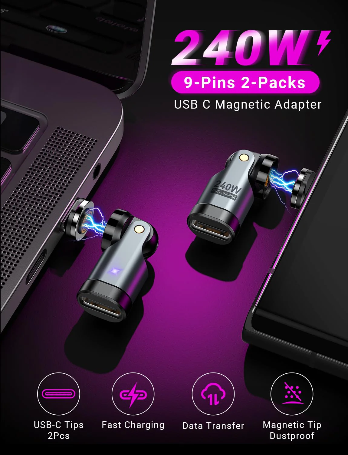 USB C Magnetic Adapter PD 240W(2Pack), 9PIN USB C 90 Degree Adapter/USB C Right Angle Adapter/180 Degree USB C Connector/USB C to USB C Adapter for Phone 16/15, Ma-Book Pro/Pad Series, Samsung Galaxy - Image 2