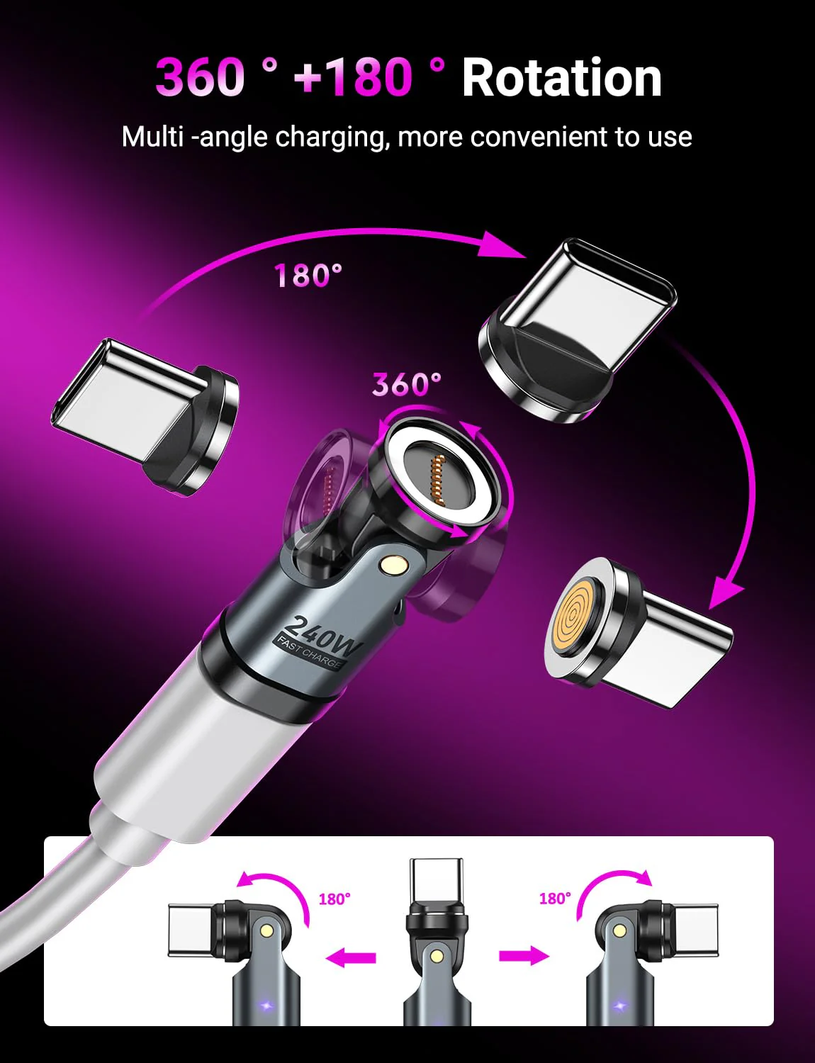 USB C Magnetic Adapter PD 240W(2Pack), 9PIN USB C 90 Degree Adapter/USB C Right Angle Adapter/180 Degree USB C Connector/USB C to USB C Adapter for Phone 16/15, Ma-Book Pro/Pad Series, Samsung Galaxy - Image 4
