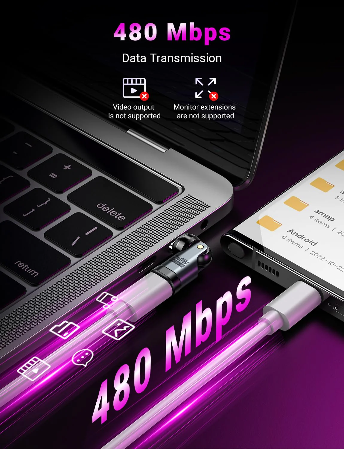 USB C Magnetic Adapter PD 240W(2Pack), 9PIN USB C 90 Degree Adapter/USB C Right Angle Adapter/180 Degree USB C Connector/USB C to USB C Adapter for Phone 16/15, Ma-Book Pro/Pad Series, Samsung Galaxy - Image 5