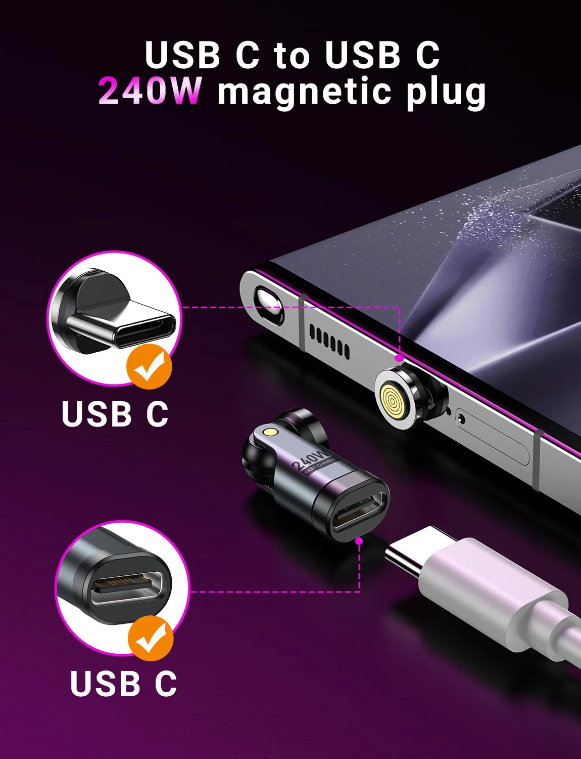 USB C Magnetic Adapter PD 240W(2Pack), 9PIN USB C 90 Degree Adapter/USB C Right Angle Adapter/180 Degree USB C Connector/USB C to USB C Adapter for Phone 16/15, Ma-Book Pro/Pad Series, Samsung Galaxy - Image 6