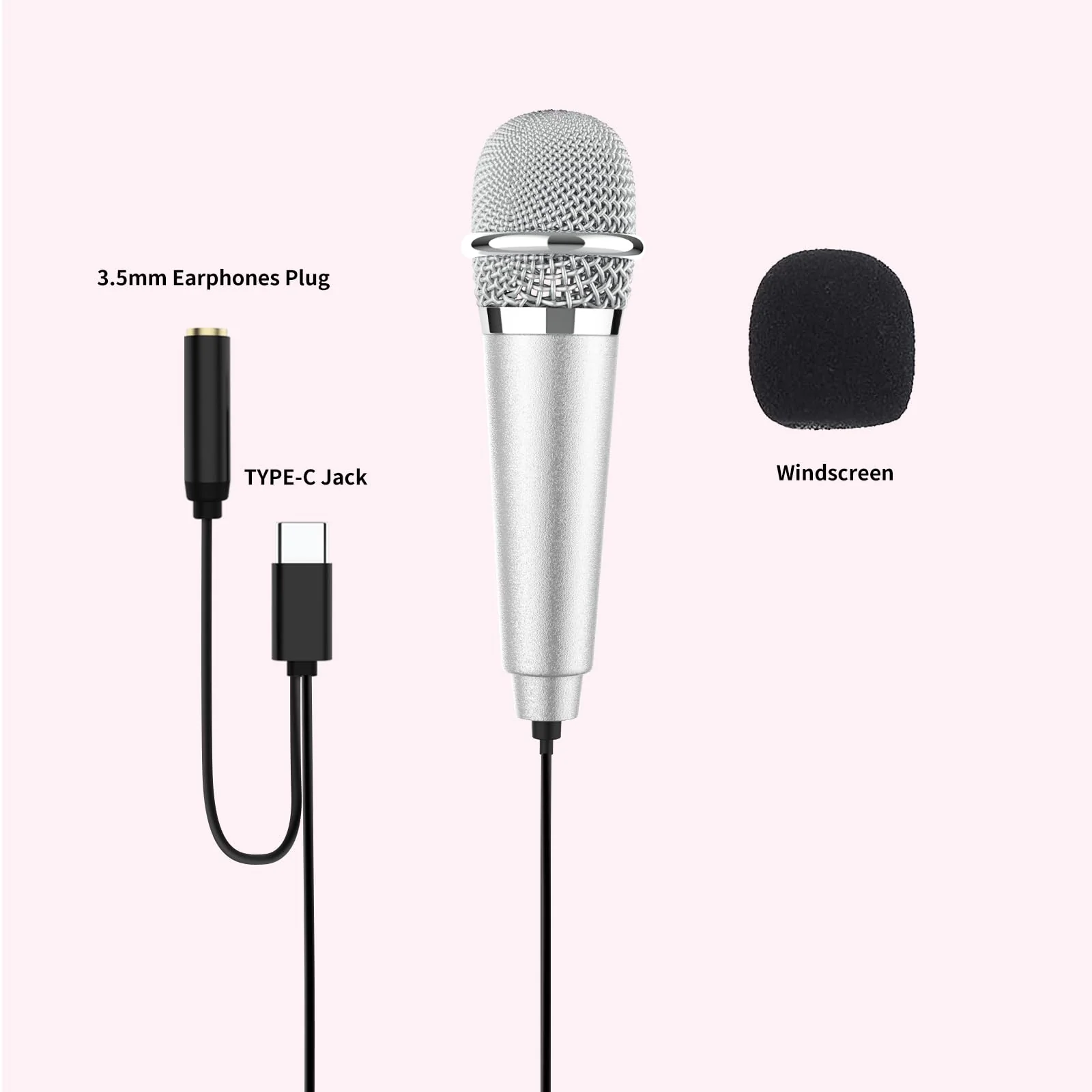USB C Mini Karaoke Microphone for Android Phone, Laptop, Tablets Small ASMR Microphone for Voice Video Recording Singing, Vlogging, Podcasting YouTube (1 PCS Silver) - Image 6